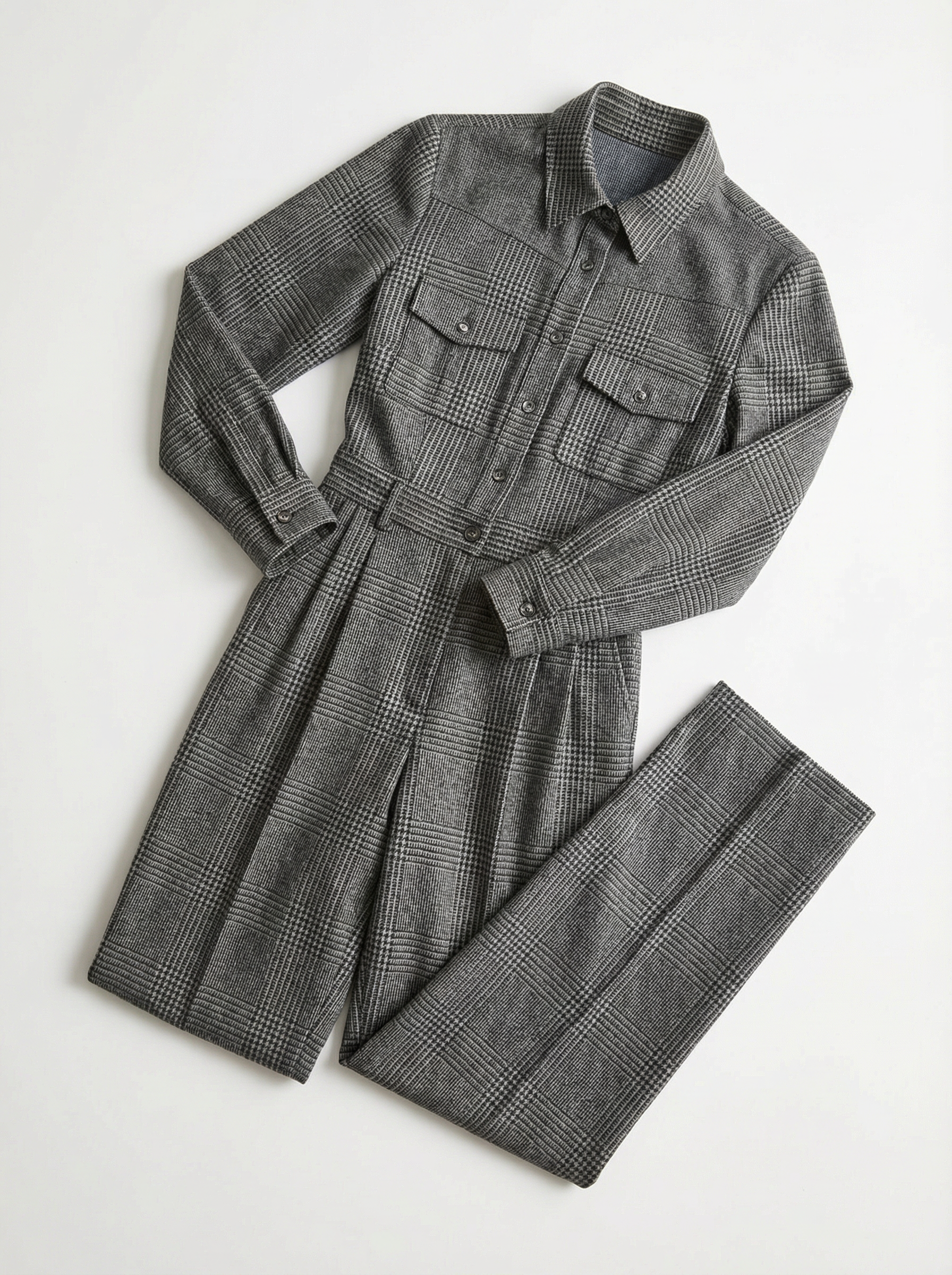 Jumpsuit Women Plaid Pattern Full-Length Wide Leg Front Pockets