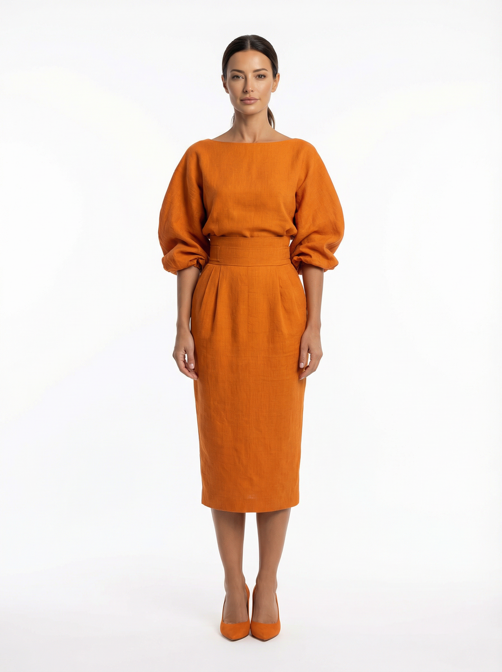 Two-Piece Top and Midi Skirt Set Women Boat Neck Puffed Sleeves Back Slit