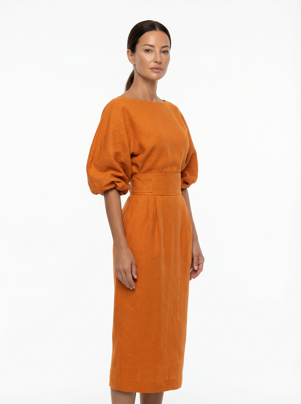 Two-Piece Top and Midi Skirt Set Women Boat Neck Puffed Sleeves Back Slit