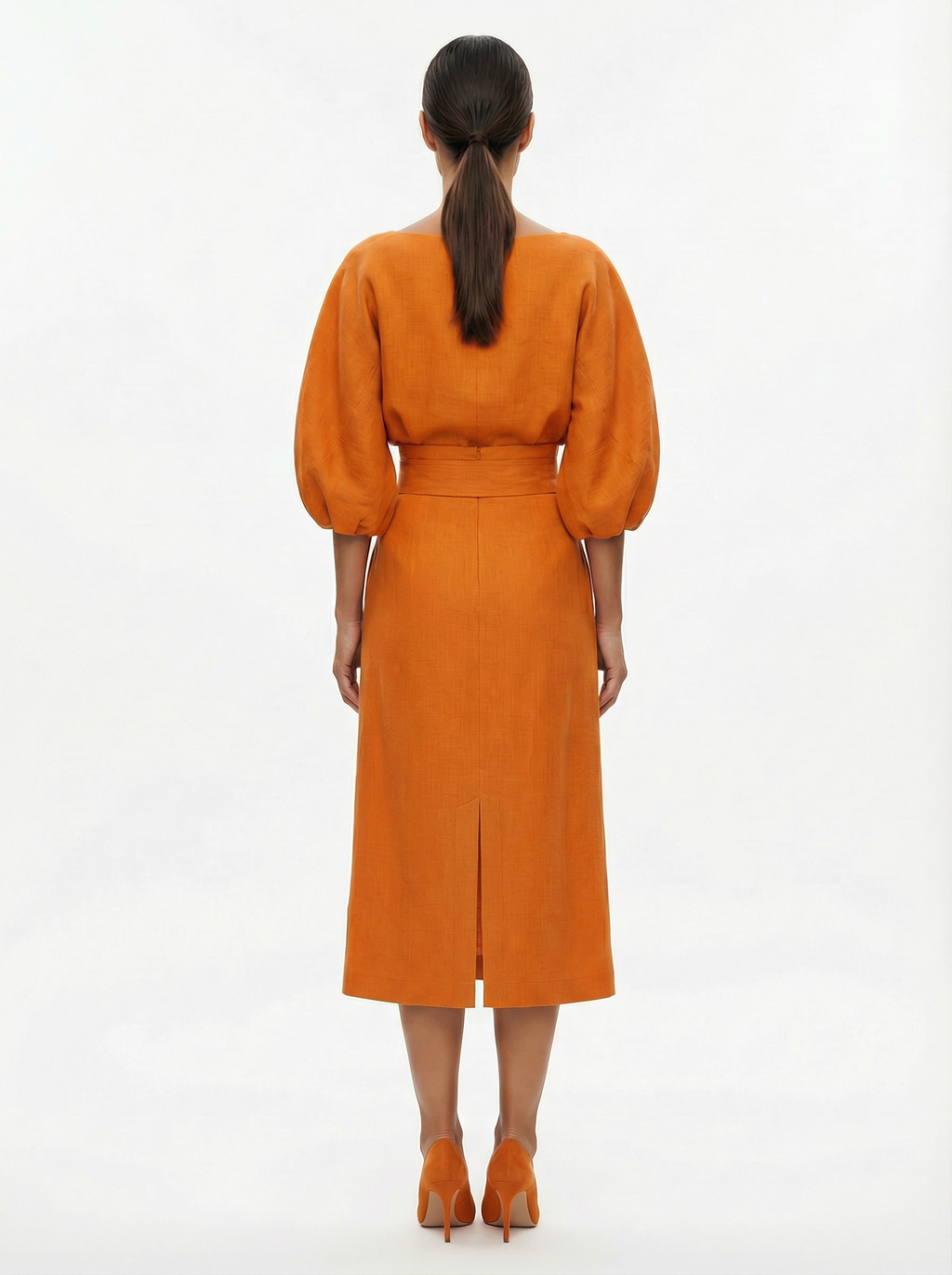 Two-Piece Top and Midi Skirt Set Women Boat Neck Puffed Sleeves Back Slit