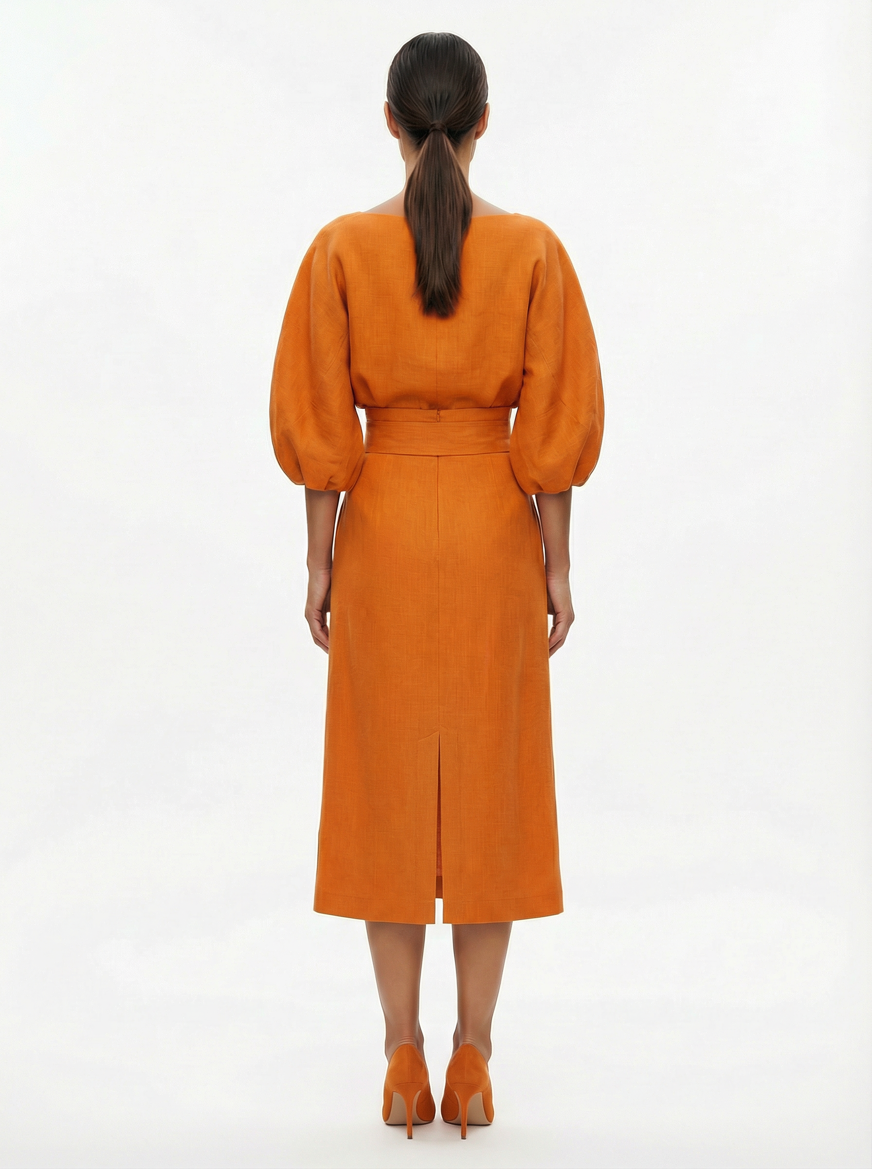 Two-Piece Top and Midi Skirt Set Women Boat Neck Puffed Sleeves Back Slit