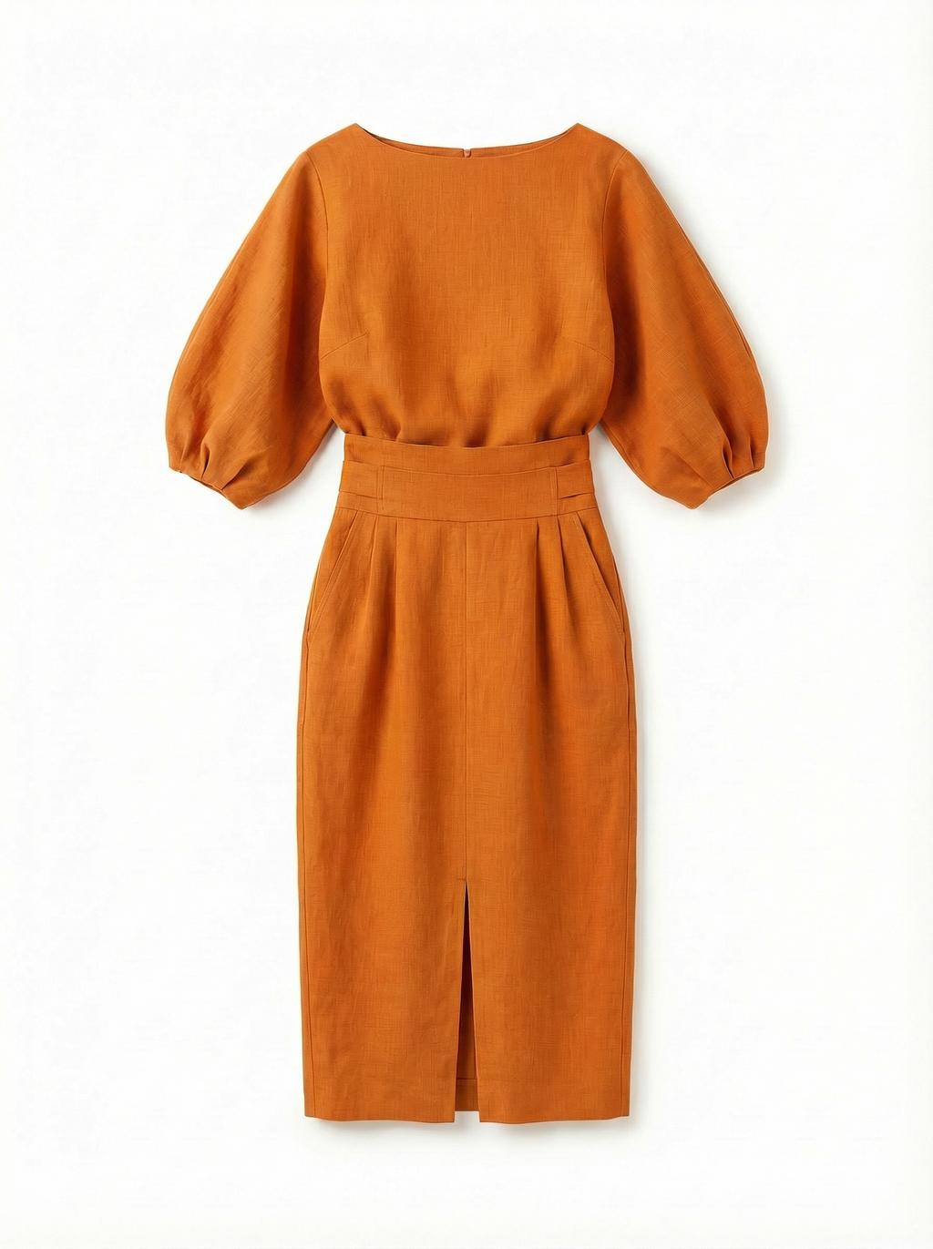 Two-Piece Top and Midi Skirt Set Women Boat Neck Puffed Sleeves Back Slit