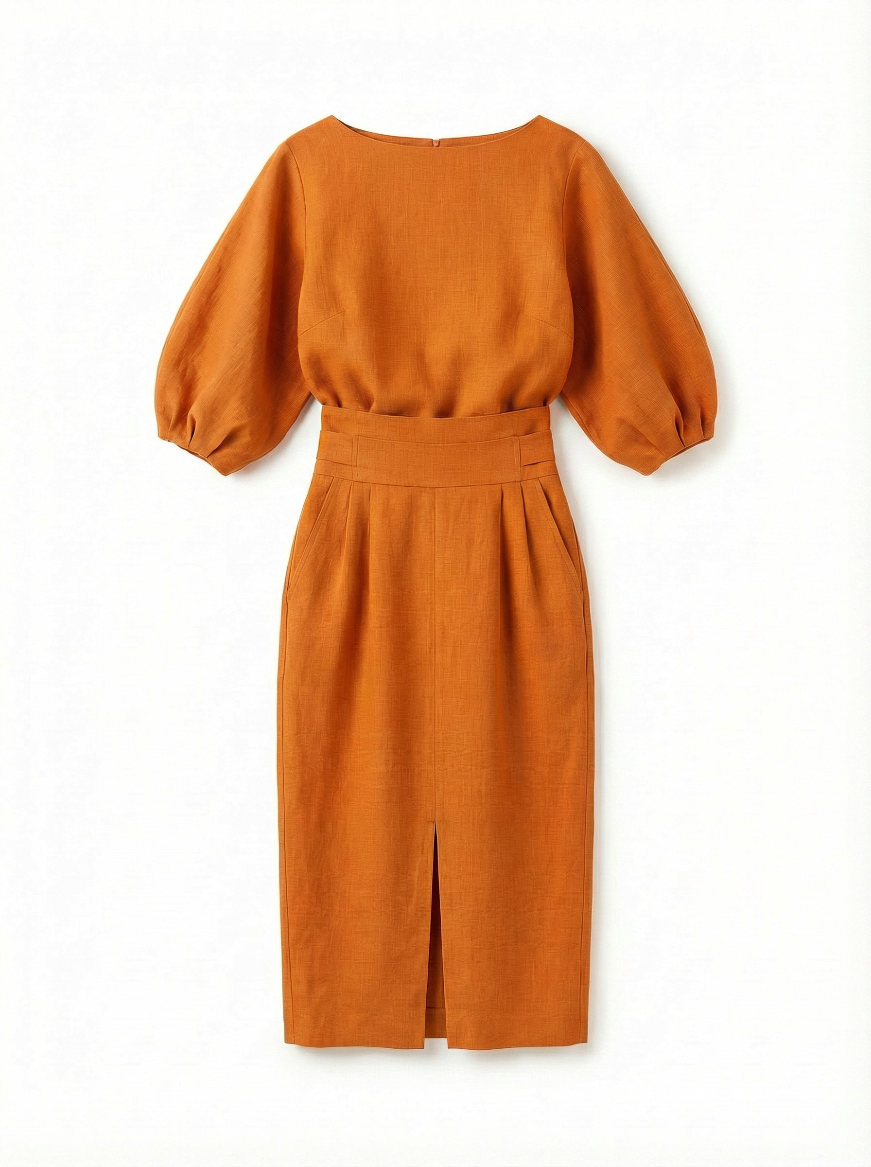 Two-Piece Top and Midi Skirt Set Women Boat Neck Puffed Sleeves Back Slit