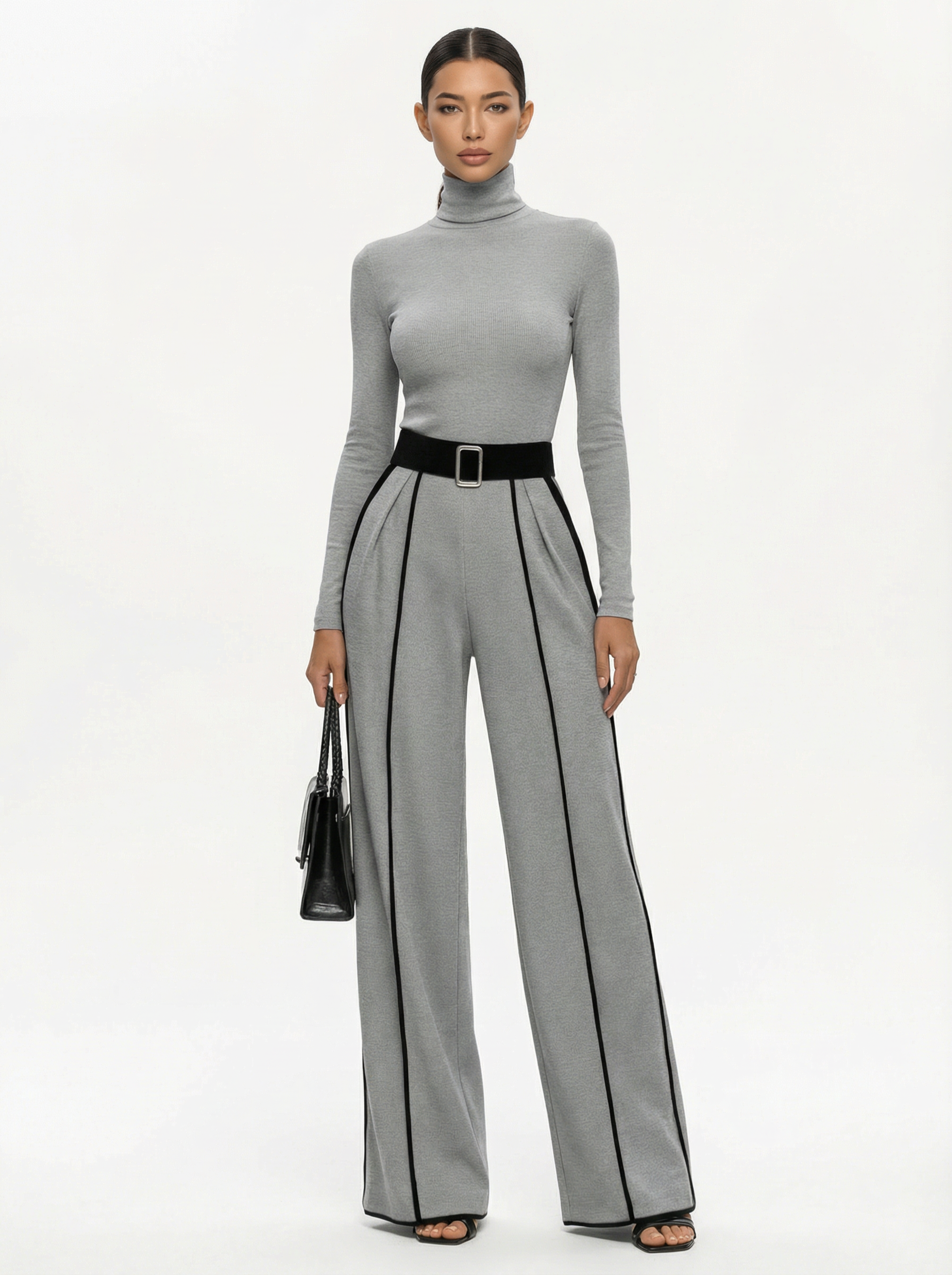 Two-Piece Turtleneck Top and Wide-Leg Pants Set Women Belted Waist