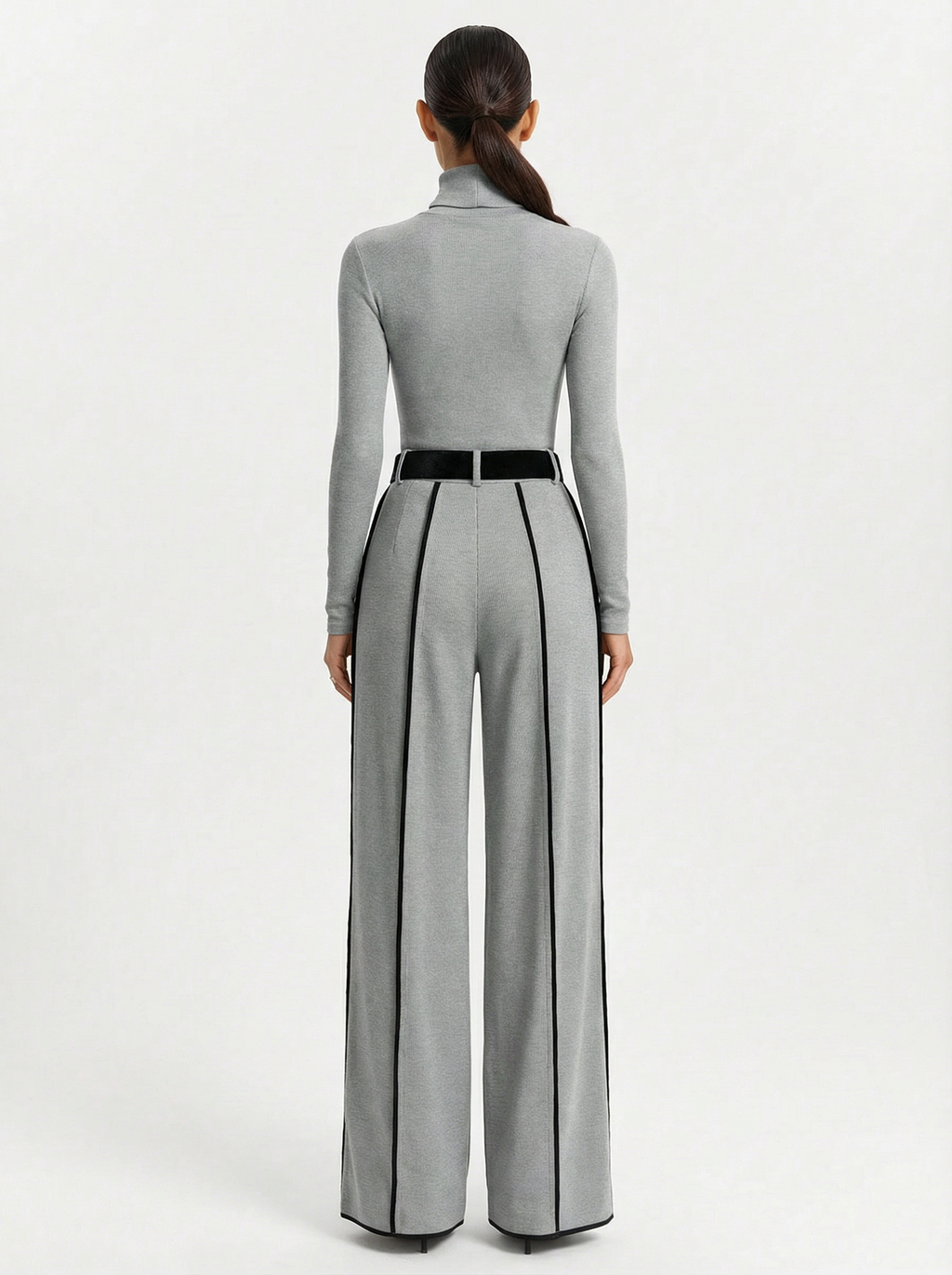 Two-Piece Turtleneck Top and Wide-Leg Pants Set Women Belted Waist