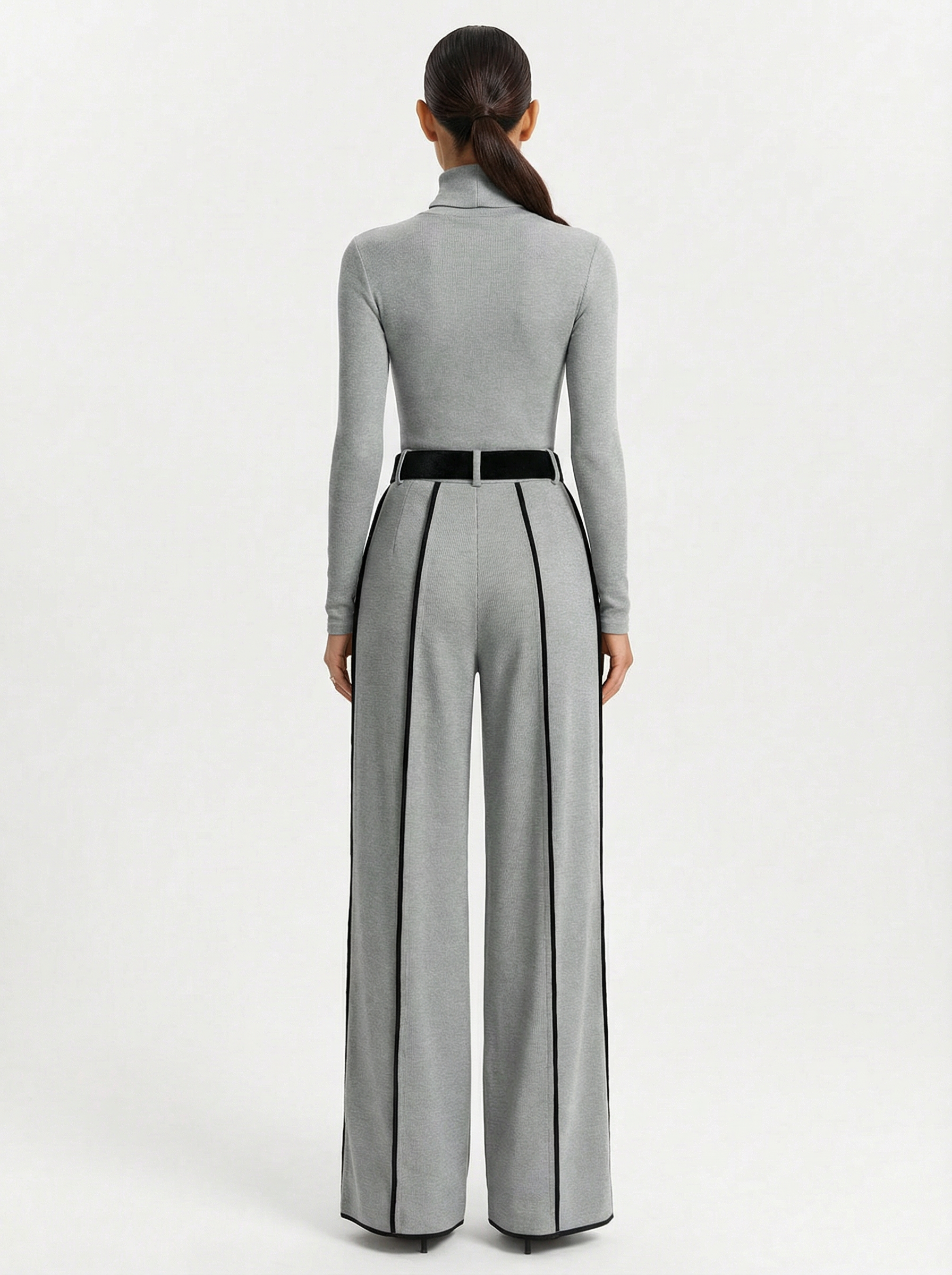 Two-Piece Turtleneck Top and Wide-Leg Pants Set Women Belted Waist