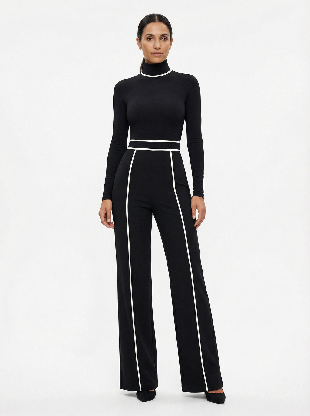 Two-Piece Turtleneck Top and Wide-Leg Pants Set Women Belted Waist
