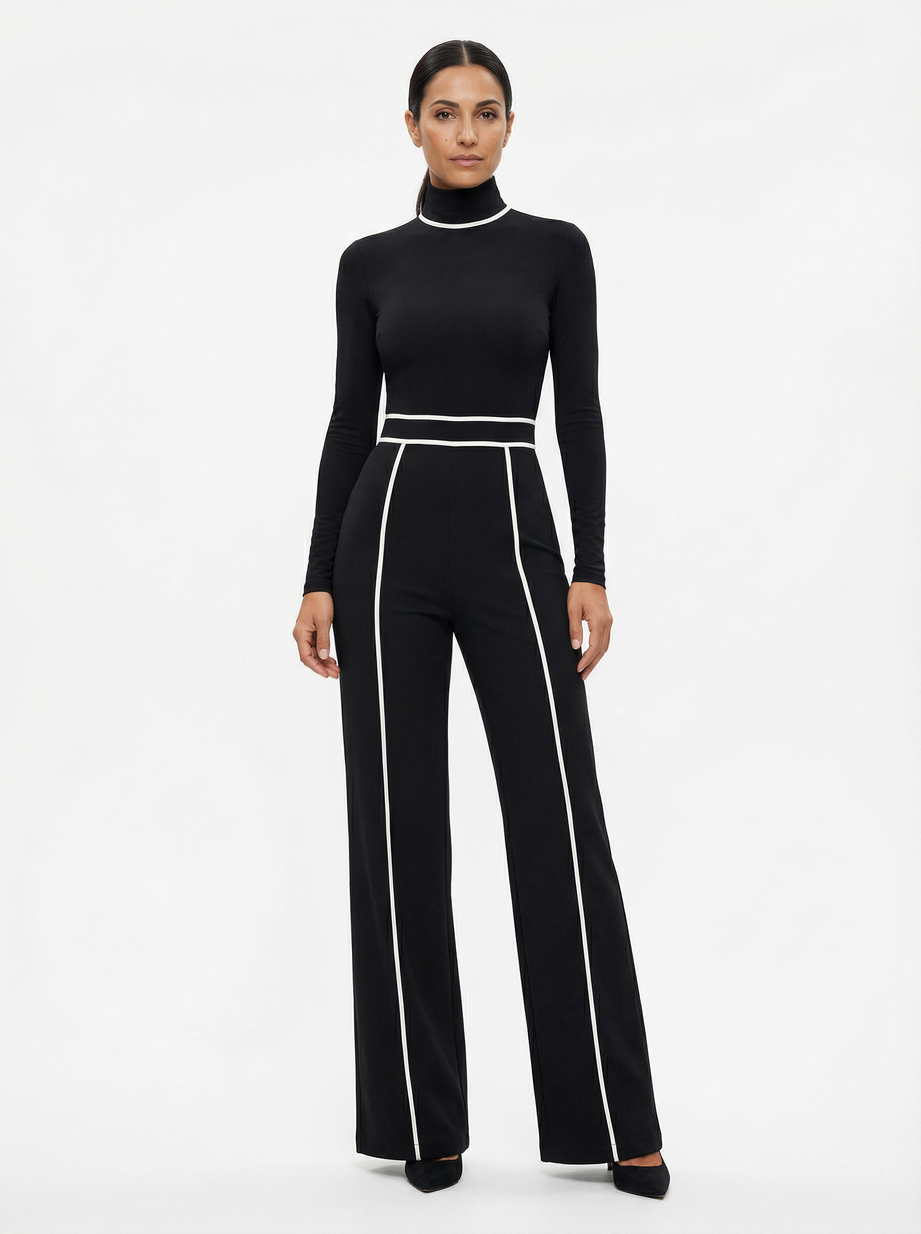 Two-Piece Turtleneck Top and Wide-Leg Pants Set Women Belted Waist