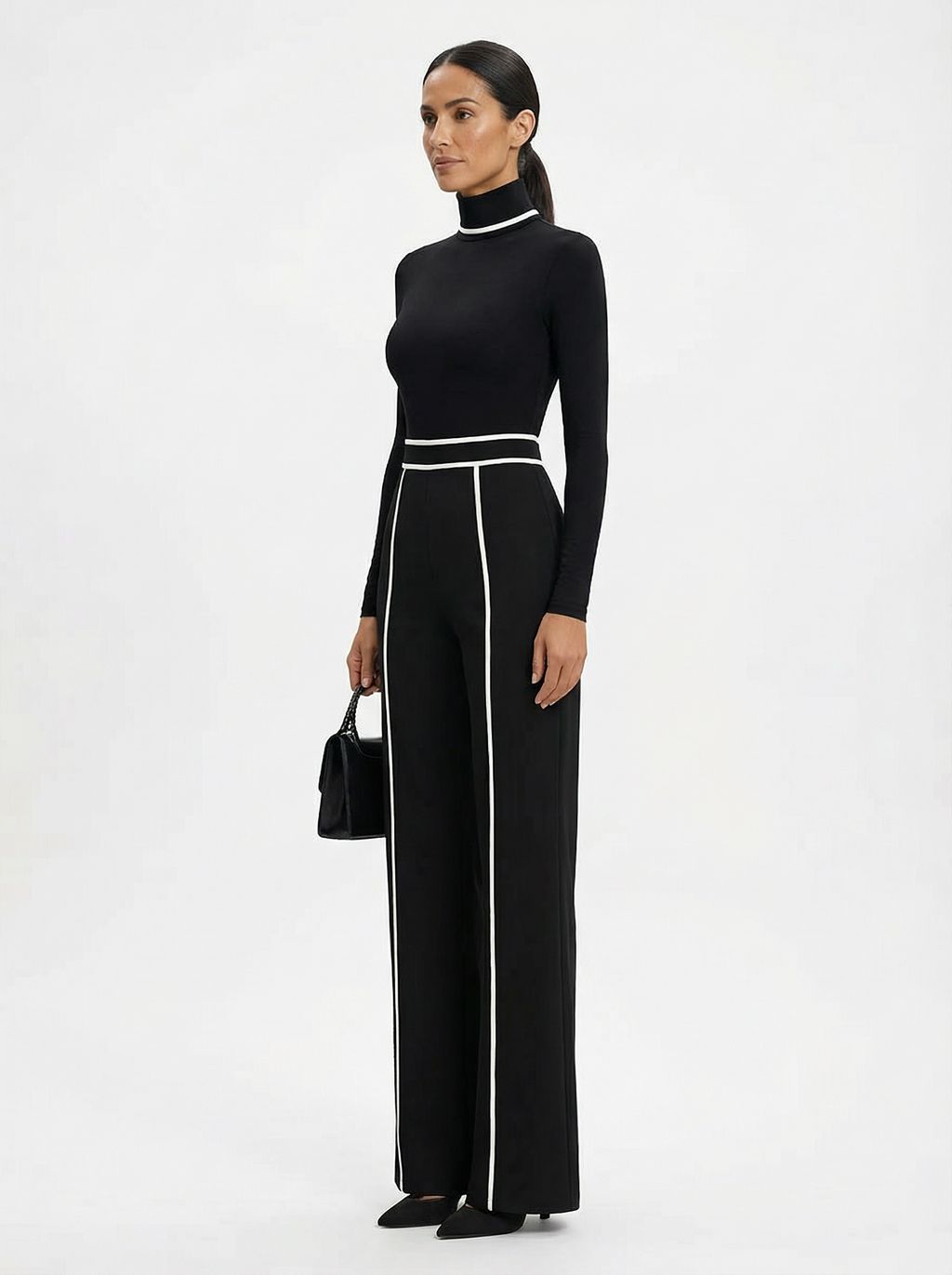 Two-Piece Turtleneck Top and Wide-Leg Pants Set Women Belted Waist
