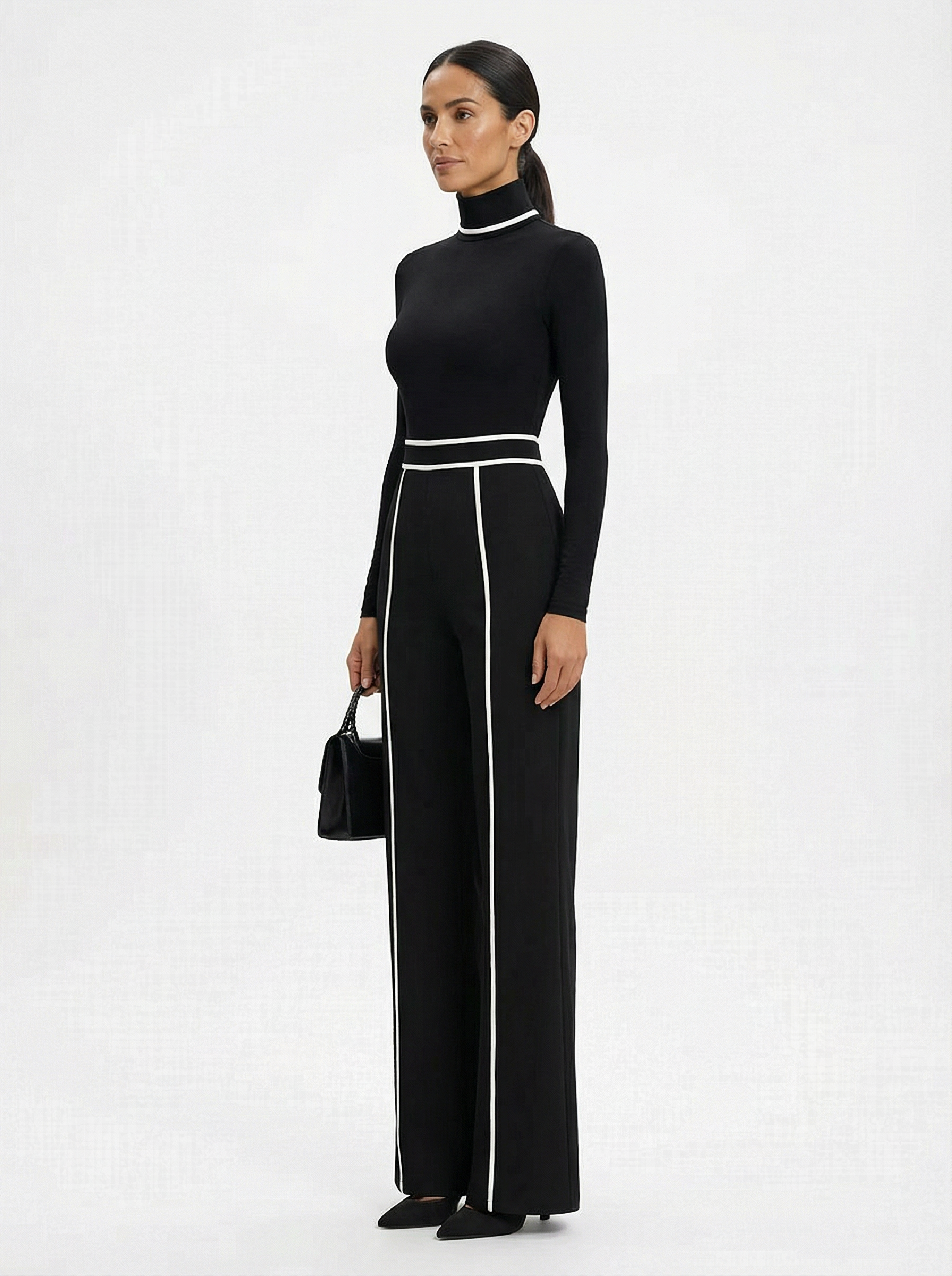 Two-Piece Turtleneck Top and Wide-Leg Pants Set Women Belted Waist