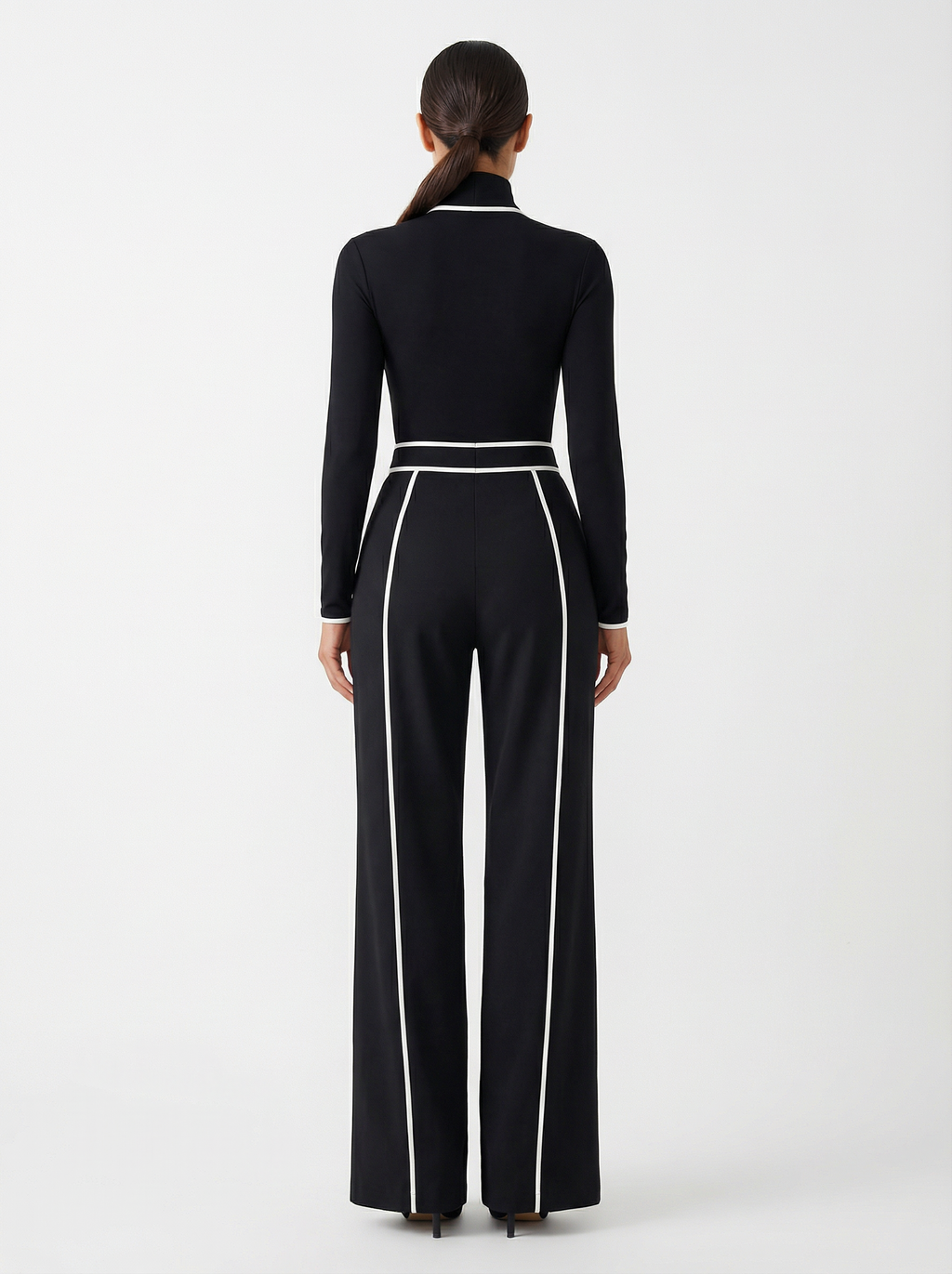 Two-Piece Turtleneck Top and Wide-Leg Pants Set Women Belted Waist