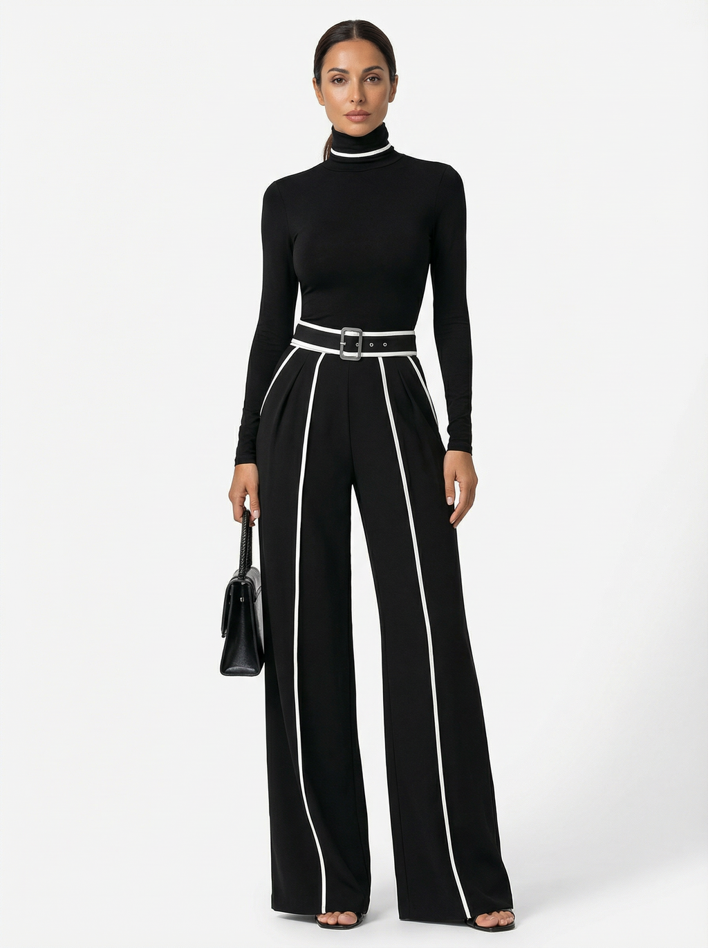 Two-Piece Turtleneck Top and Wide-Leg Pants Set Women Belted Waist