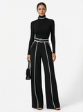 Two-Piece Turtleneck Top and Wide-Leg Pants Set Women Belted Waist