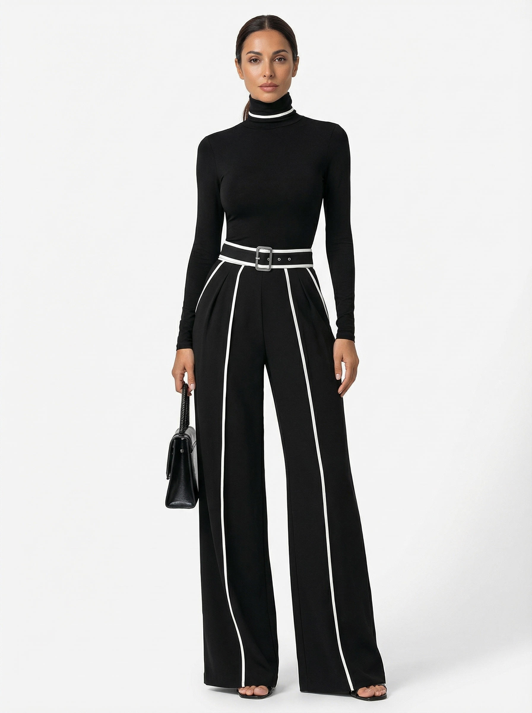 Two-Piece Turtleneck Top and Wide-Leg Pants Set Women Belted Waist