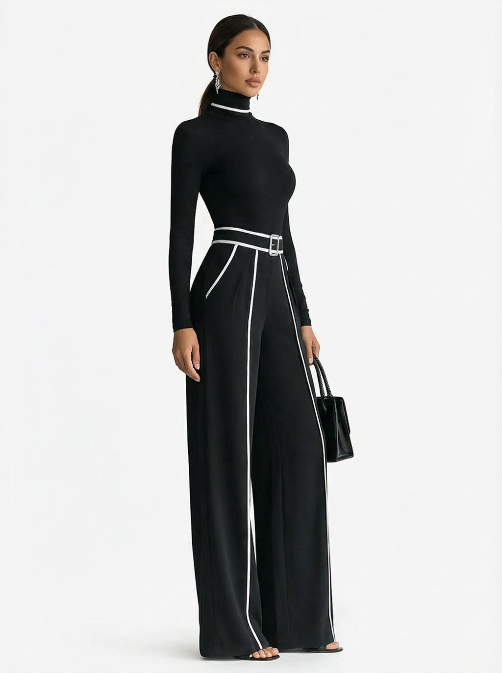 Two-Piece Turtleneck Top and Wide-Leg Pants Set Women Belted Waist