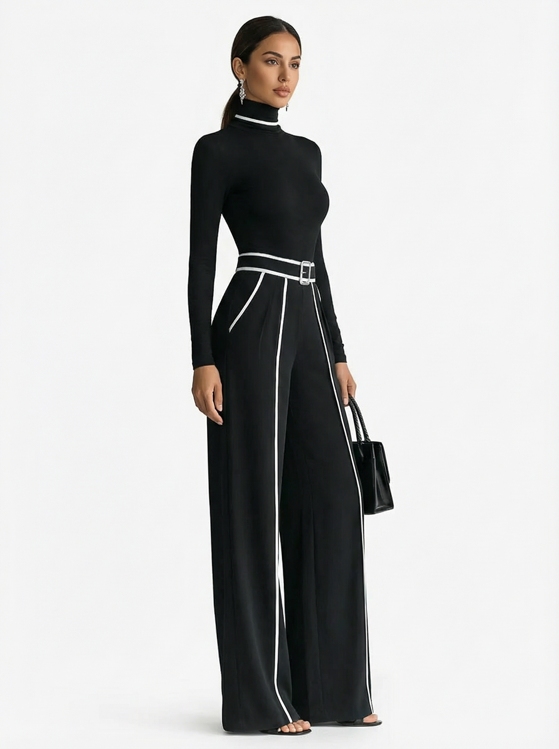 Two-Piece Turtleneck Top and Wide-Leg Pants Set Women Belted Waist