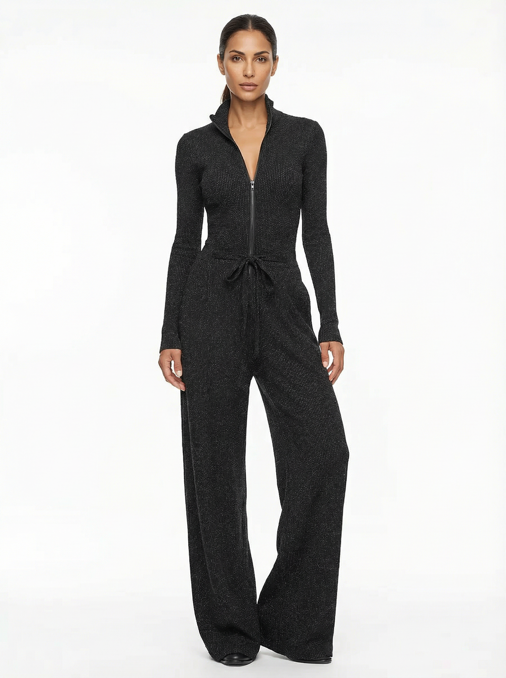Jumpsuit Women Long Sleeve Zipper Front Wide-Leg Sparkle Knit