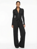 Jumpsuit Women Long Sleeve Zipper Front Wide-Leg Sparkle Knit