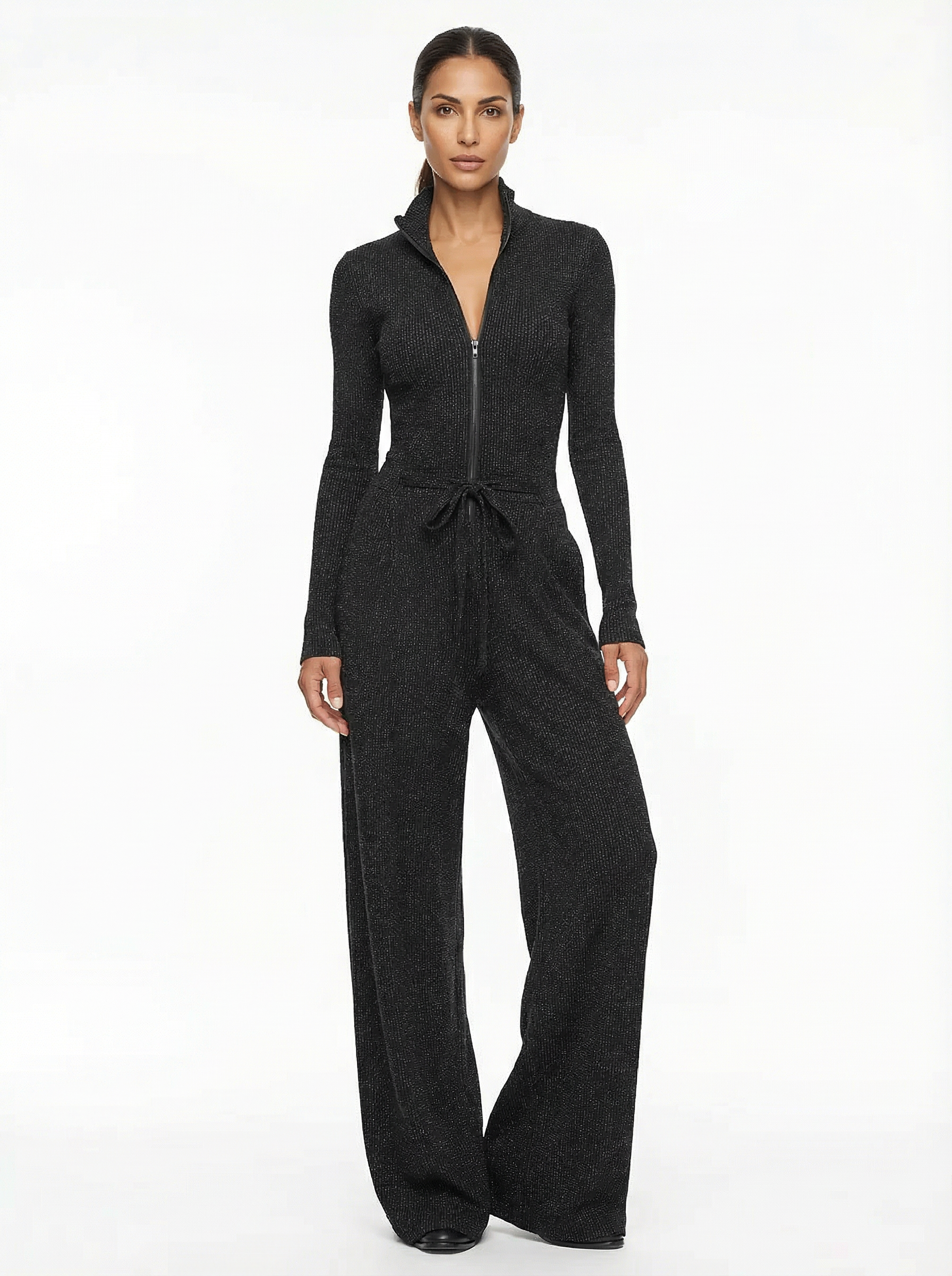Jumpsuit Women Long Sleeve Zipper Front Wide-Leg Sparkle Knit
