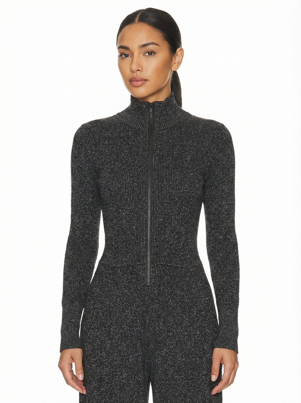 Jumpsuit Women Long Sleeve Zipper Front Wide-Leg Sparkle Knit
