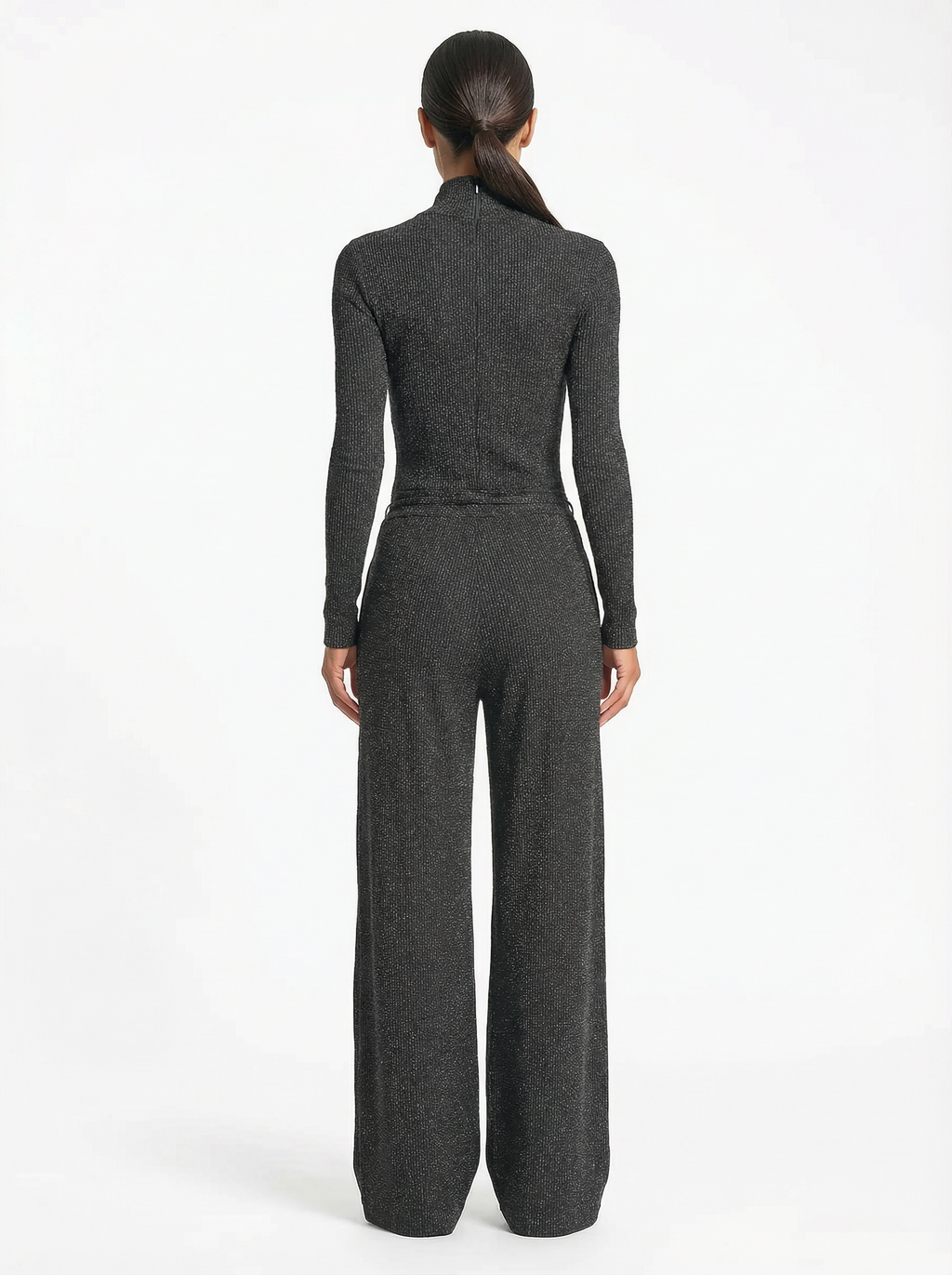 Jumpsuit Women Long Sleeve Zipper Front Wide-Leg Sparkle Knit