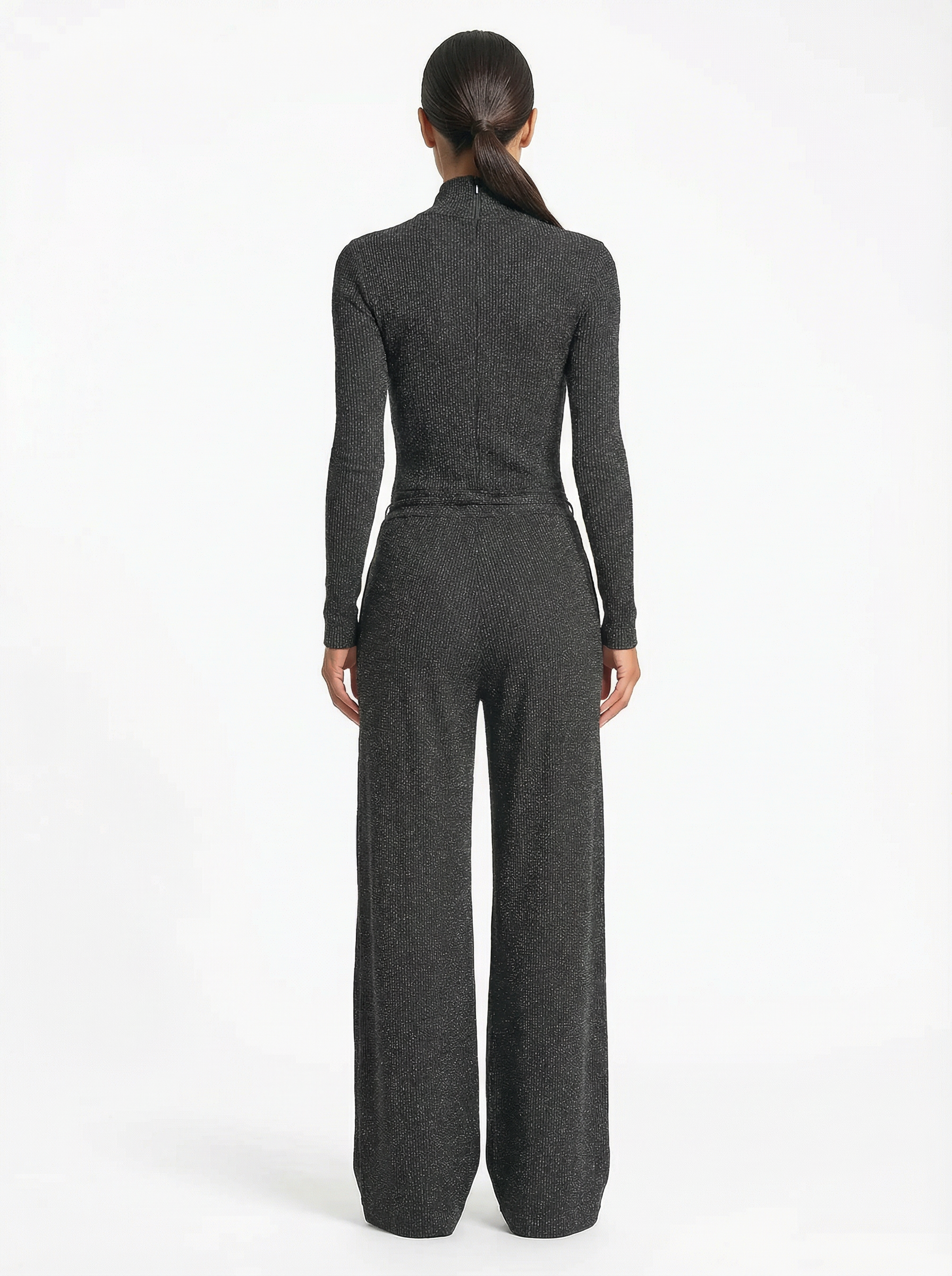 Jumpsuit Women Long Sleeve Zipper Front Wide-Leg Sparkle Knit