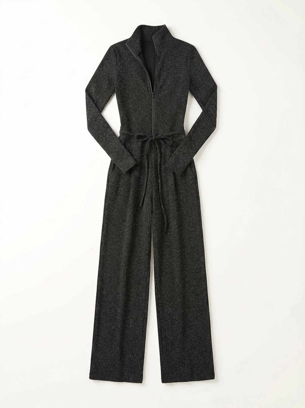 Jumpsuit Women Long Sleeve Zipper Front Wide-Leg Sparkle Knit
