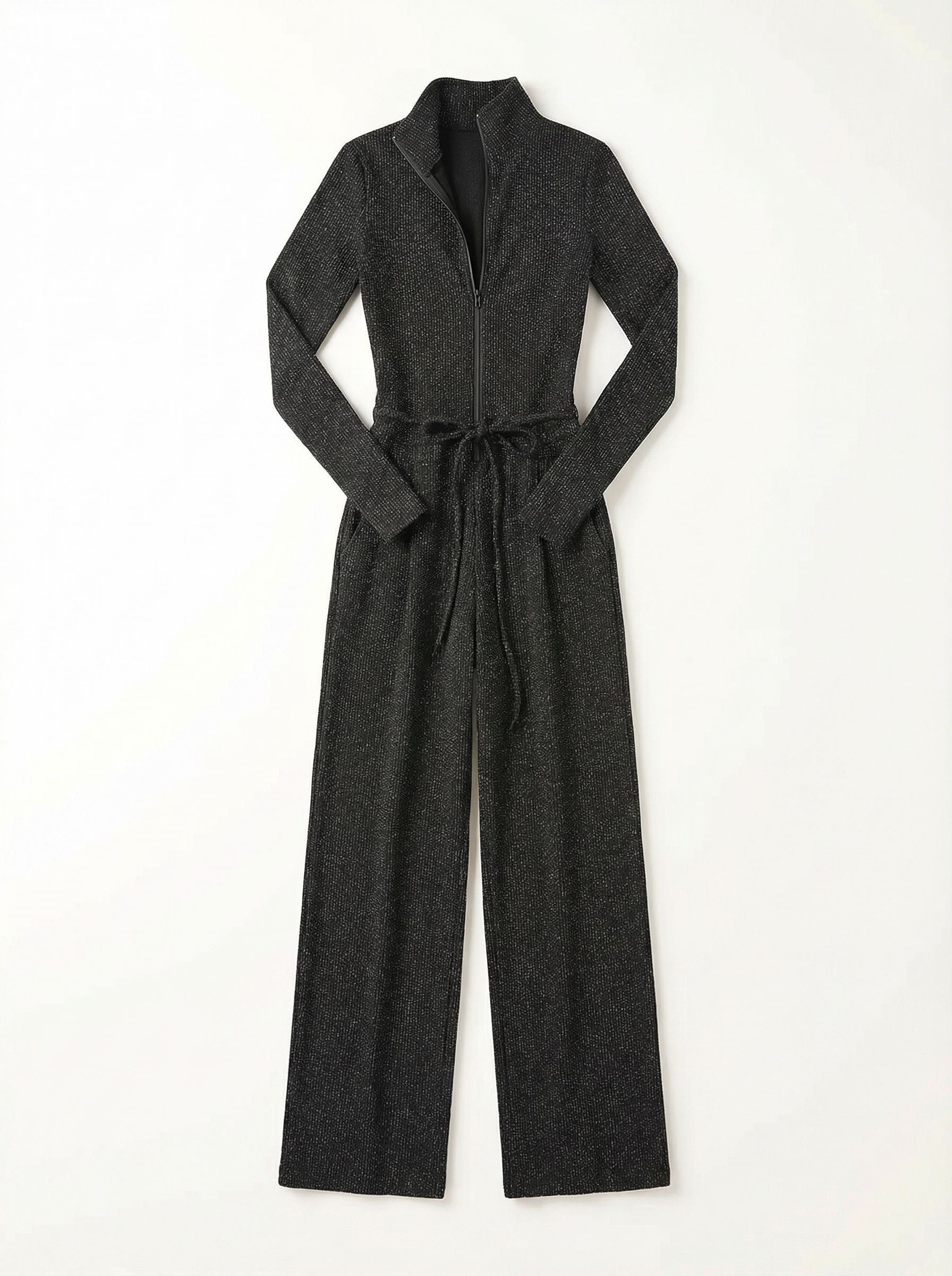 Jumpsuit Women Long Sleeve Zipper Front Wide-Leg Sparkle Knit