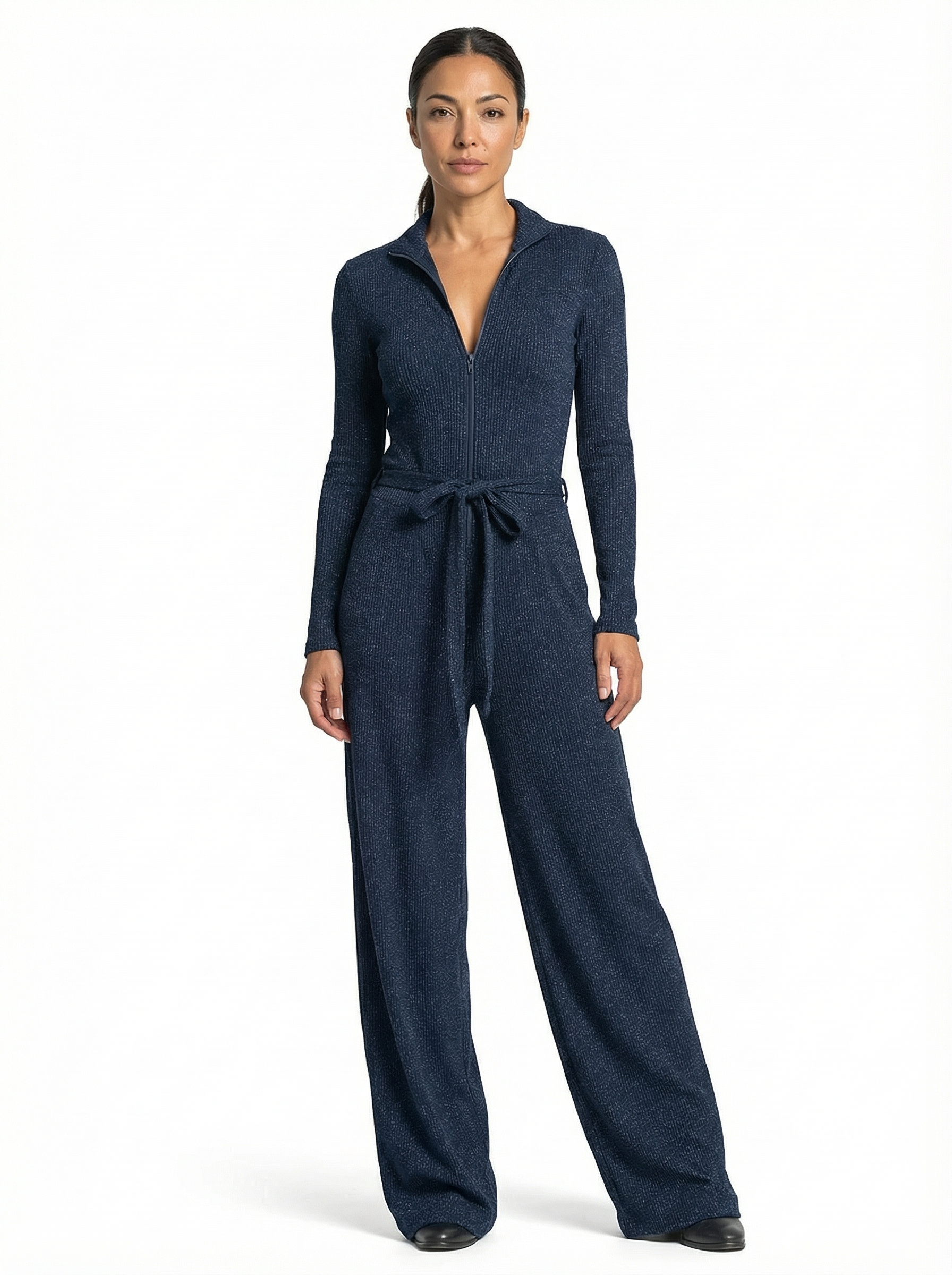 Jumpsuit Women Long Sleeve Zipper Front Wide-Leg Sparkle Knit