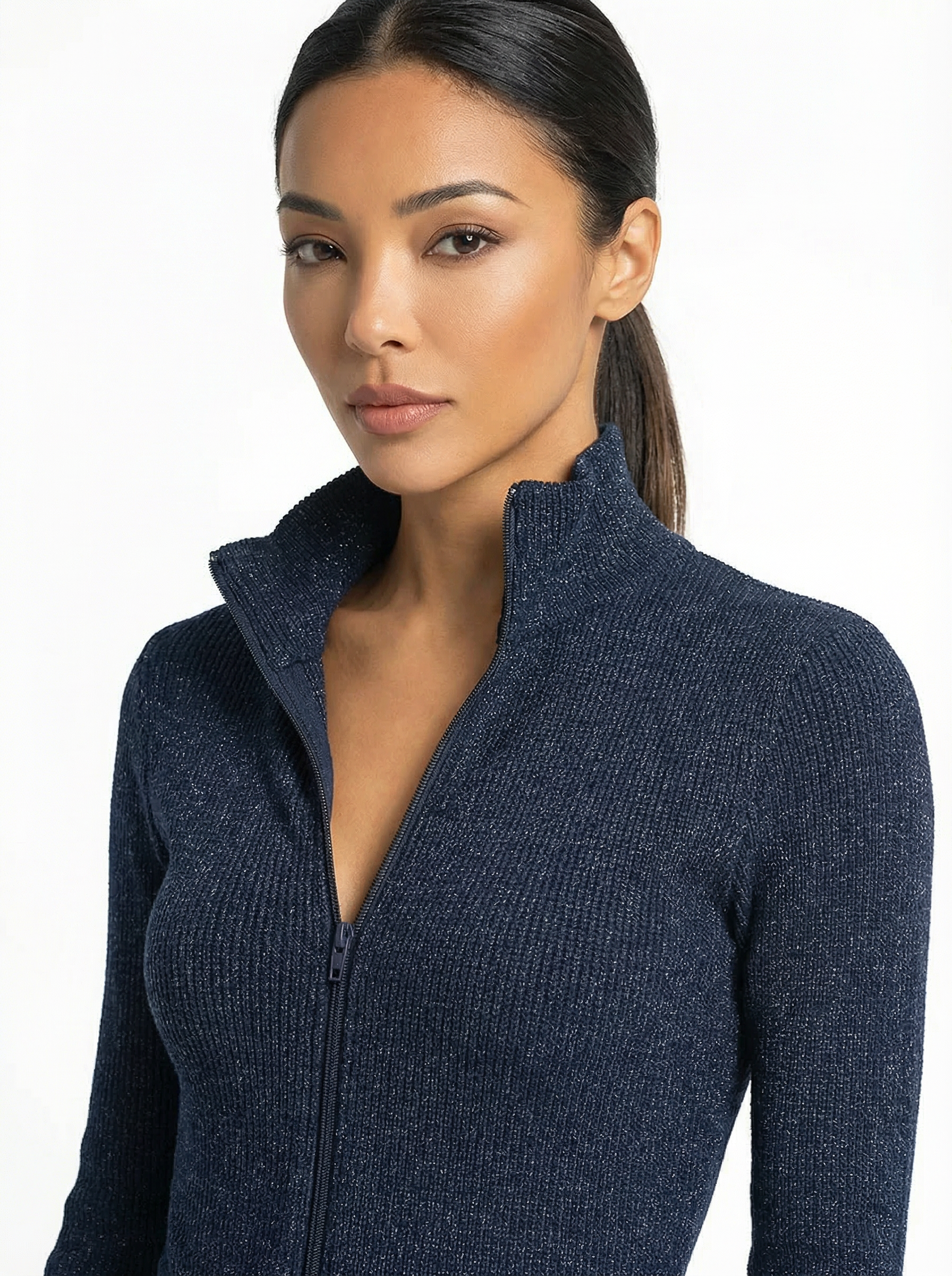 Jumpsuit Women Long Sleeve Zipper Front Wide-Leg Sparkle Knit