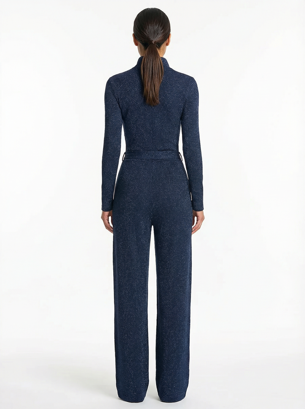 Jumpsuit Women Long Sleeve Zipper Front Wide-Leg Sparkle Knit