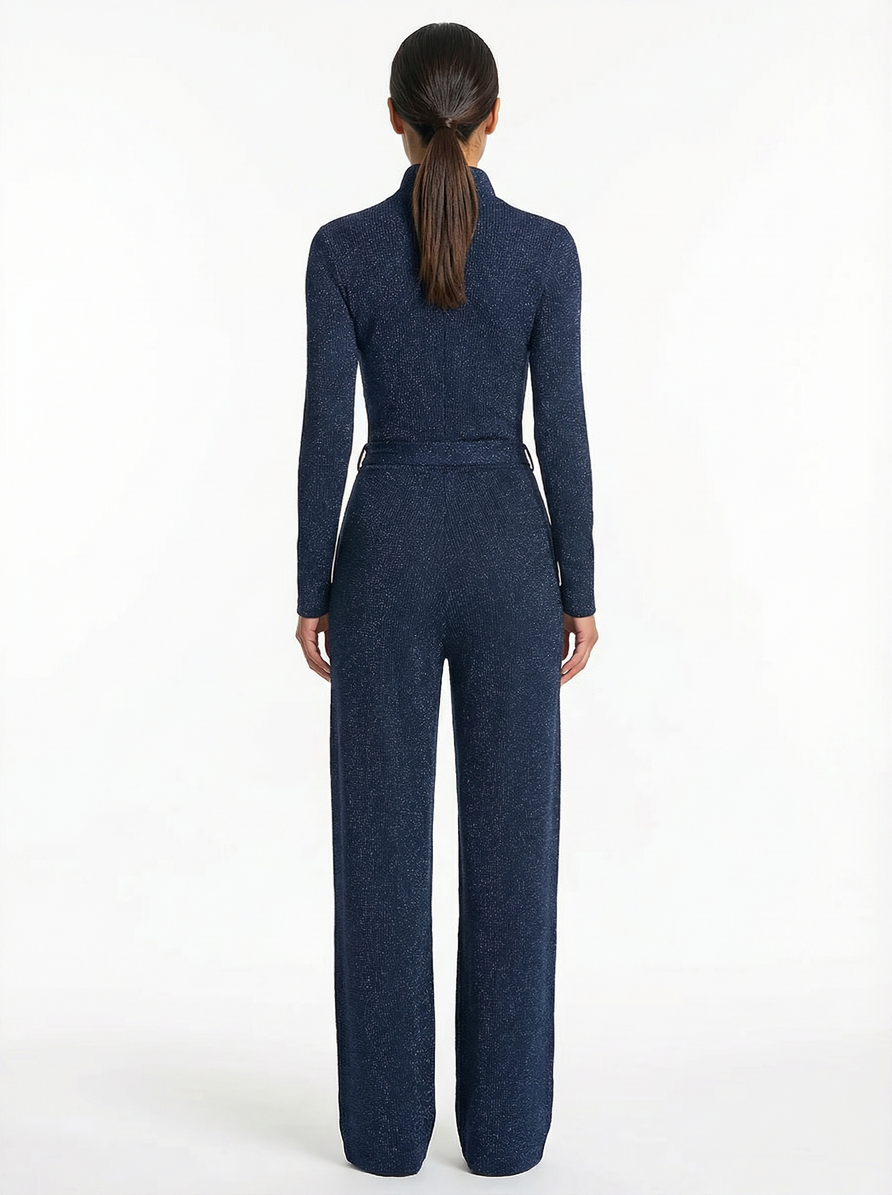 Jumpsuit Women Long Sleeve Zipper Front Wide-Leg Sparkle Knit