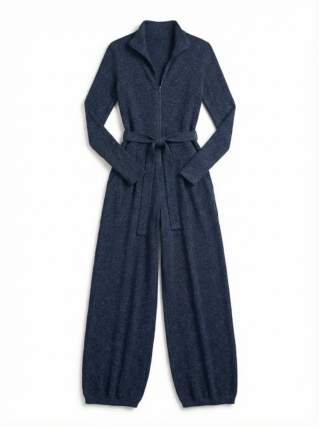 Jumpsuit Women Long Sleeve Zipper Front Wide-Leg Sparkle Knit
