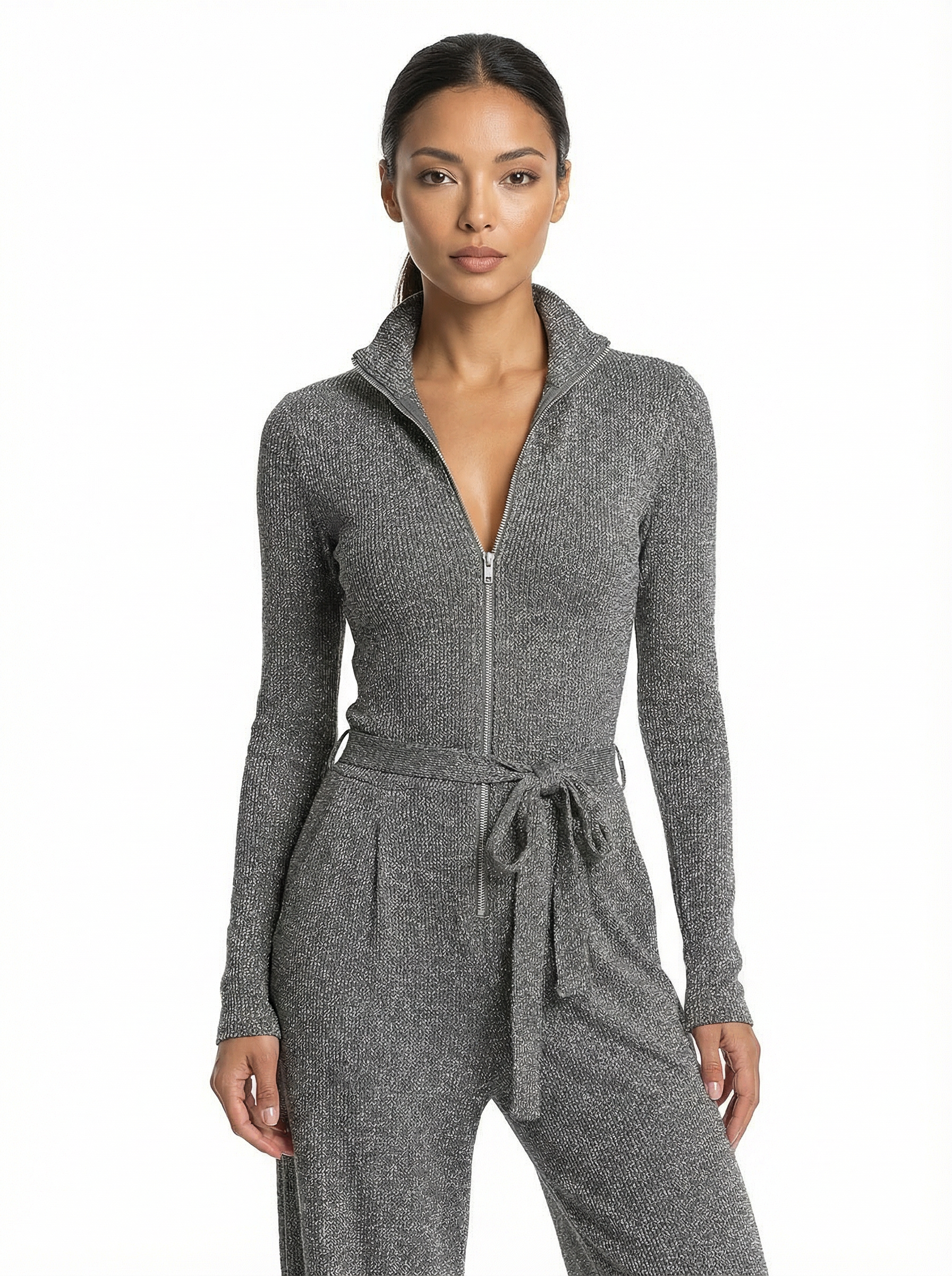 Jumpsuit Women Long Sleeve Zipper Front Wide-Leg Sparkle Knit