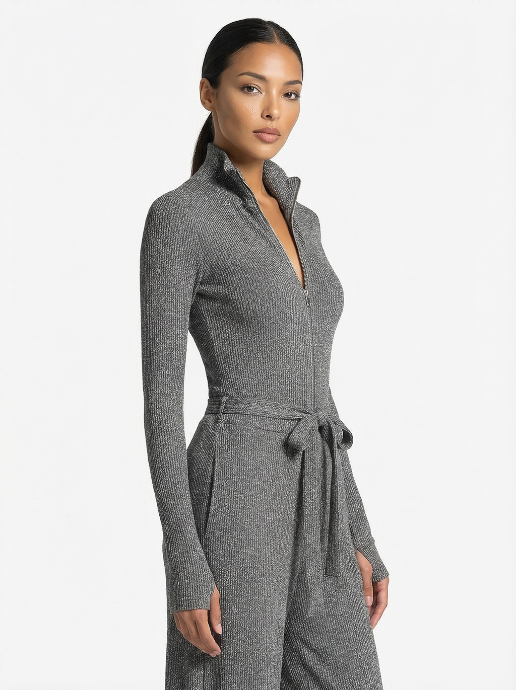 Jumpsuit Women Long Sleeve Zipper Front Wide-Leg Sparkle Knit