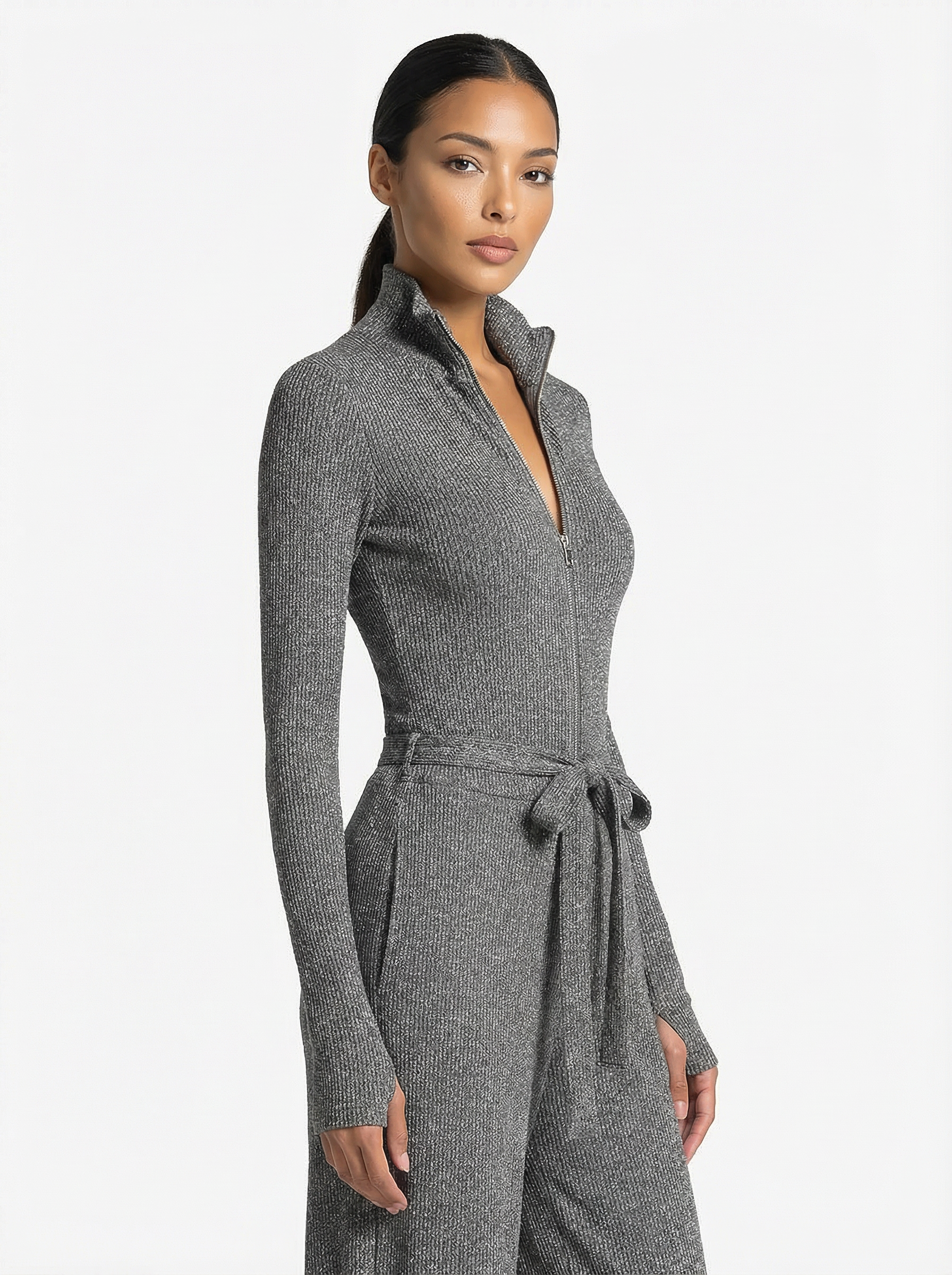 Jumpsuit Women Long Sleeve Zipper Front Wide-Leg Sparkle Knit