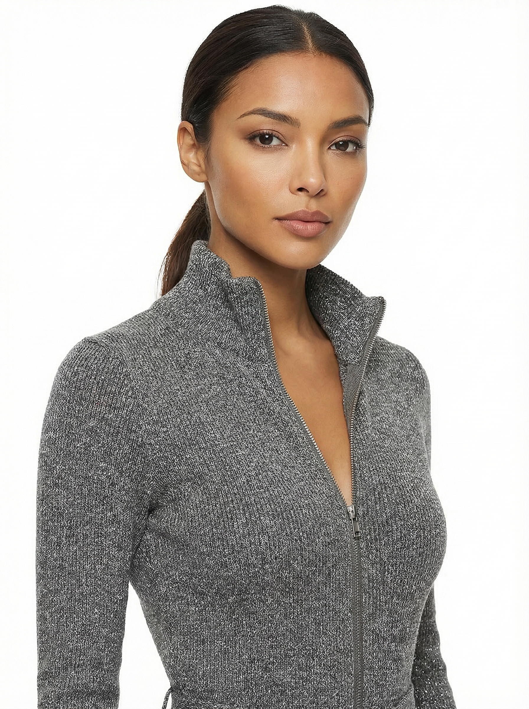 Jumpsuit Women Long Sleeve Zipper Front Wide-Leg Sparkle Knit