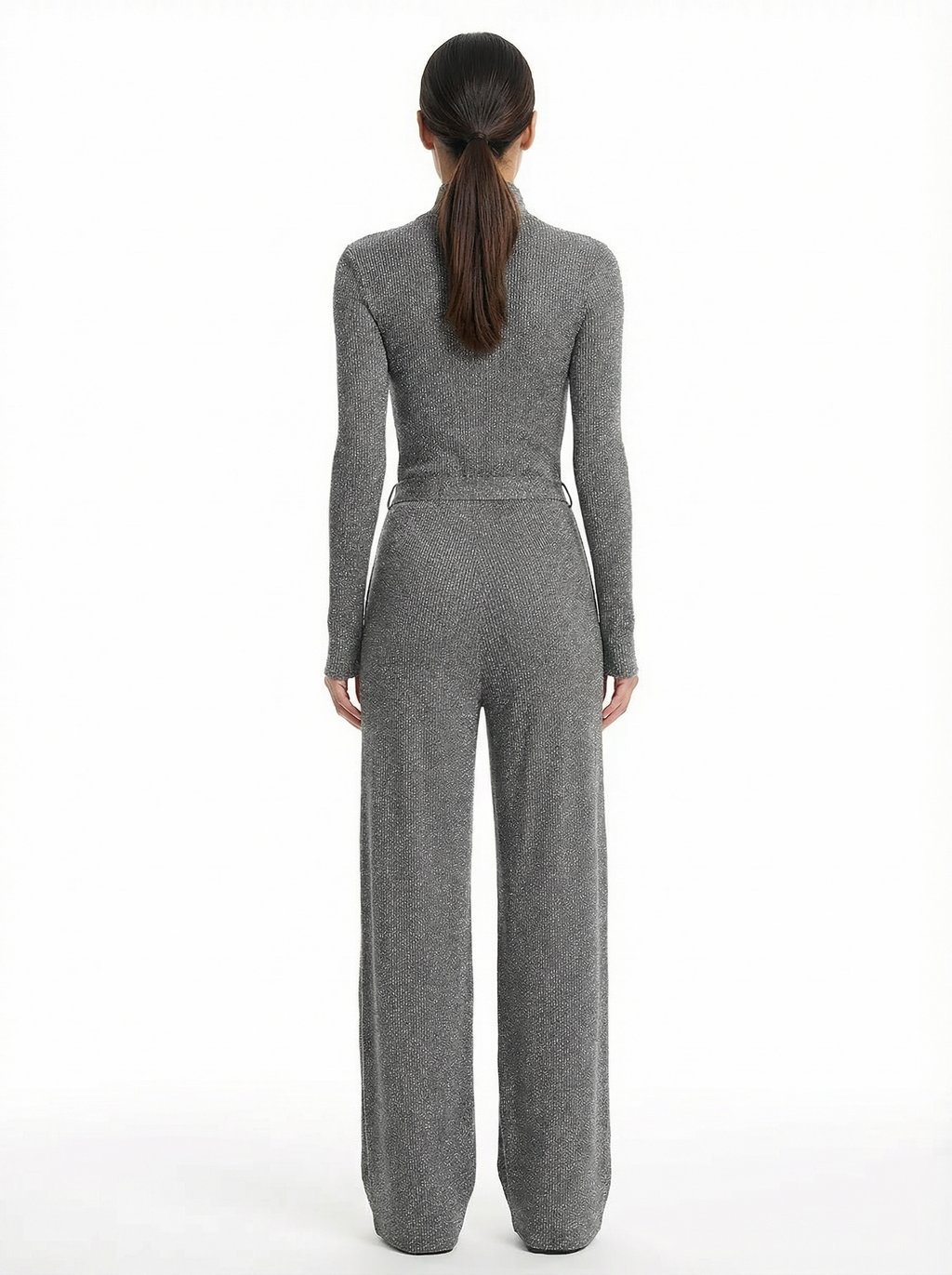 Jumpsuit Women Long Sleeve Zipper Front Wide-Leg Sparkle Knit