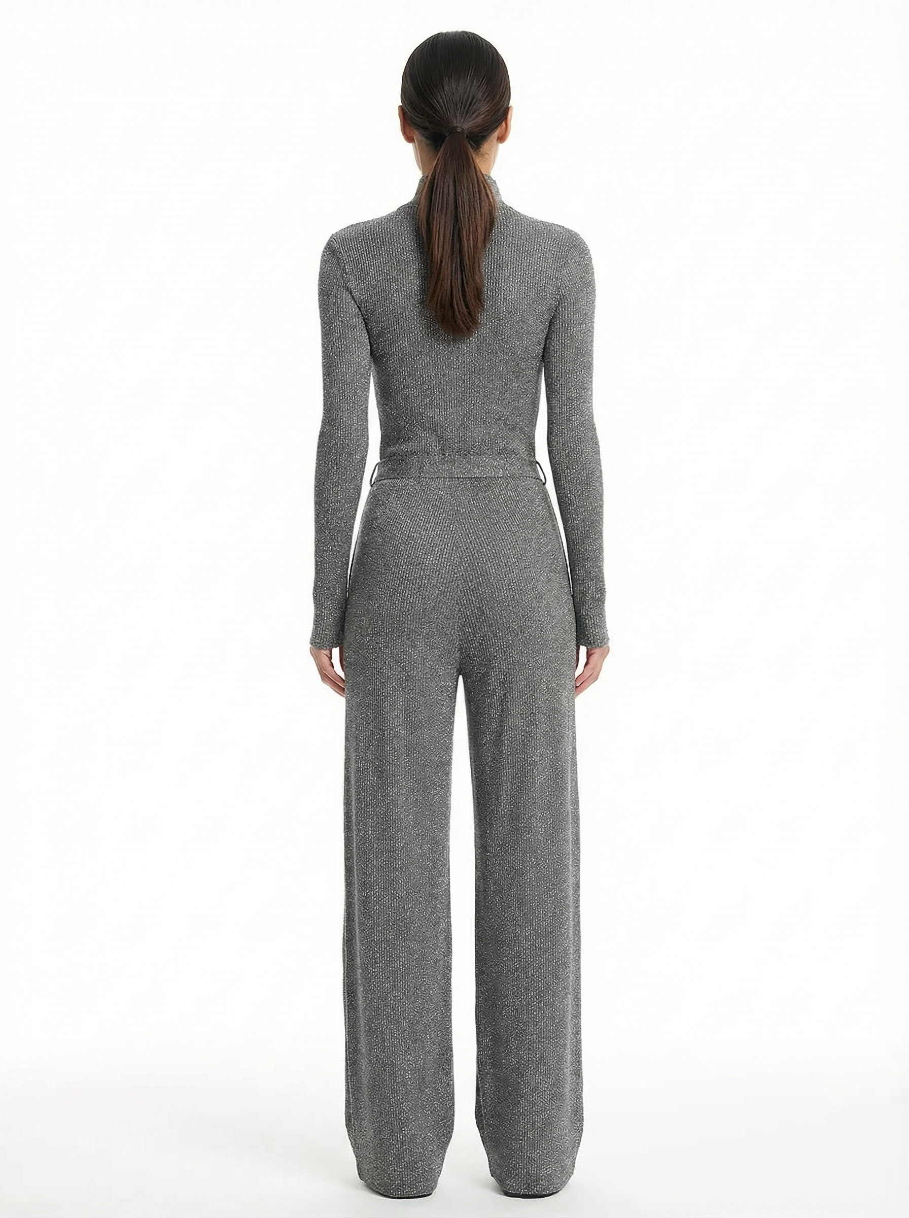 Jumpsuit Women Long Sleeve Zipper Front Wide-Leg Sparkle Knit