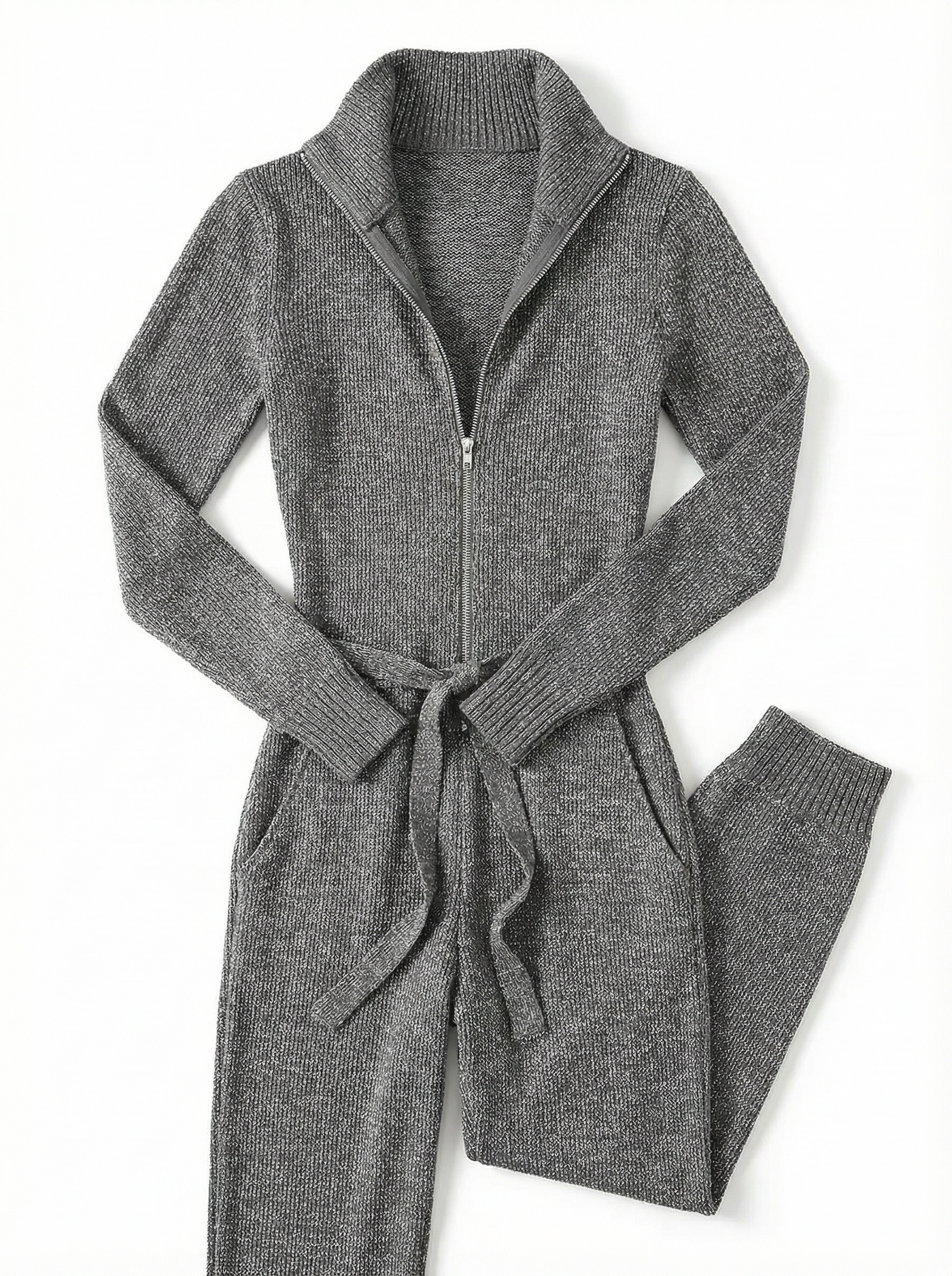Jumpsuit Women Long Sleeve Zipper Front Wide-Leg Sparkle Knit