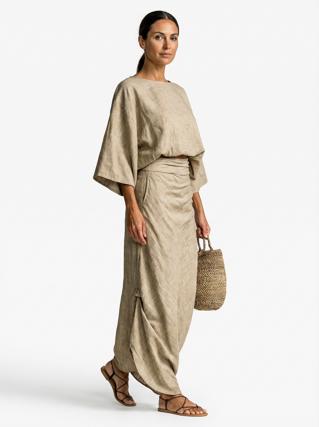 Two-Piece Loose Fit Batwing Sleeve Top with Long Skirt Set Women