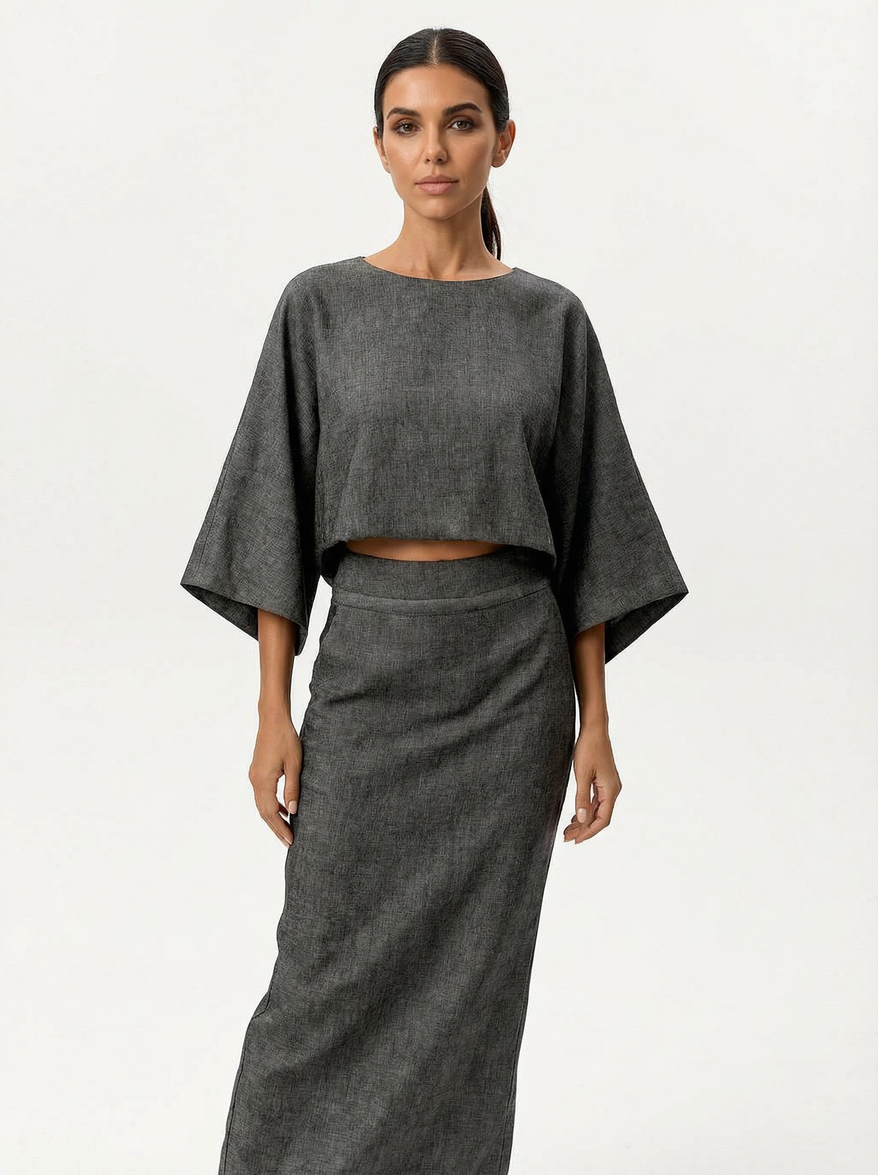 Two-Piece Loose Fit Batwing Sleeve Top with Long Skirt Set Women