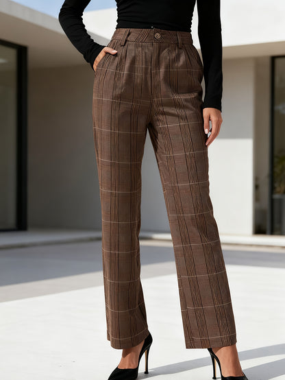 Pants Women Straight-Leg High-Rise Plaid Pattern