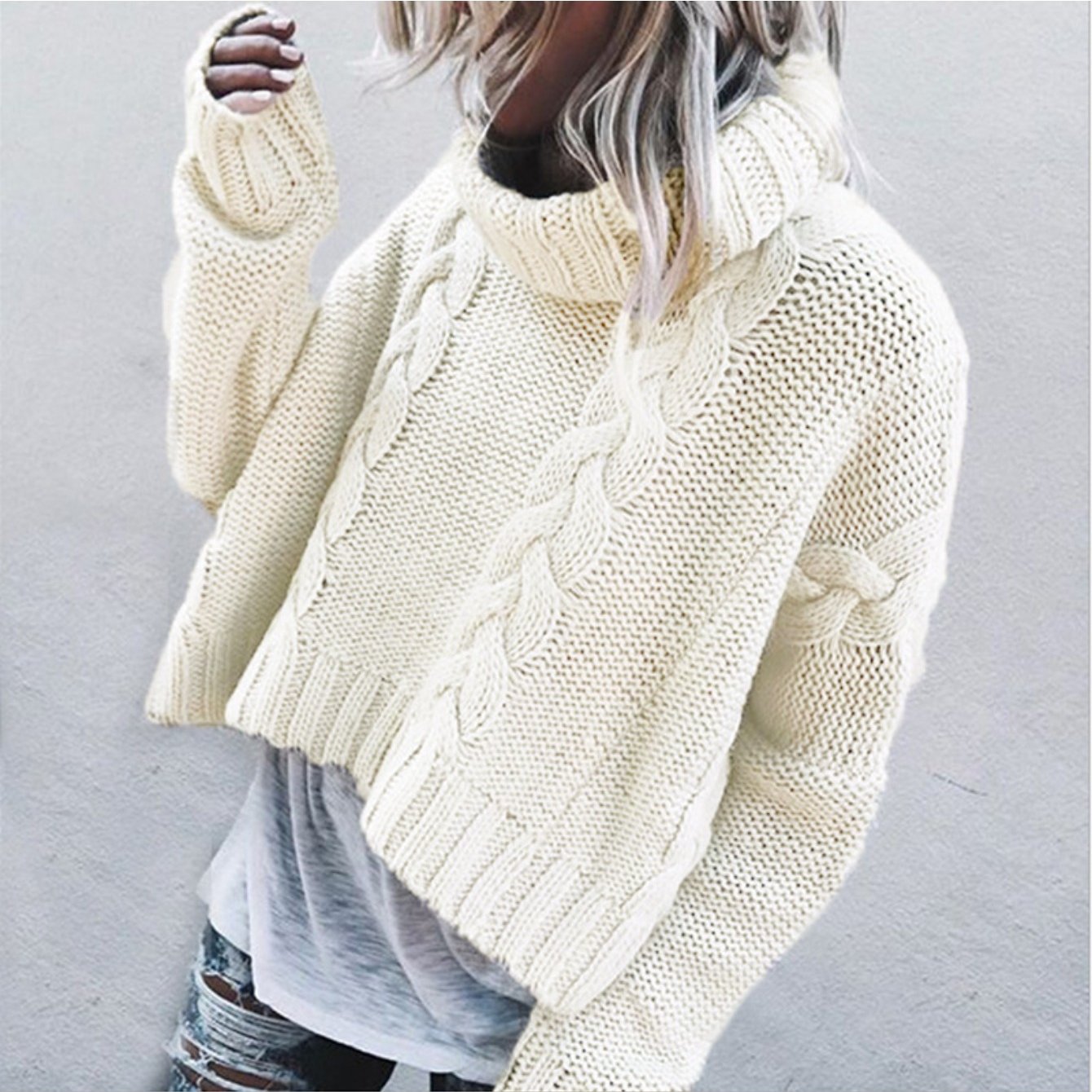 Sweater Women Cable Knit Cropped Turtleneck Style