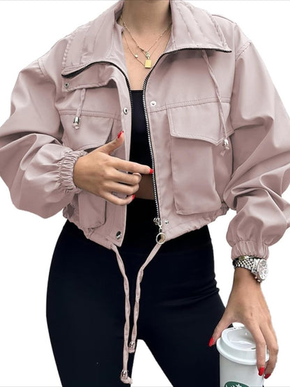 Jacket Women Cropped Utility Bomber Jacket with Pockets