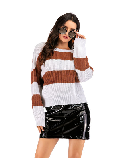 Sweater Women Oversized Off-Shoulder Stripe Pattern