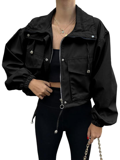 Jacket Women Cropped Utility Bomber Jacket with Pockets