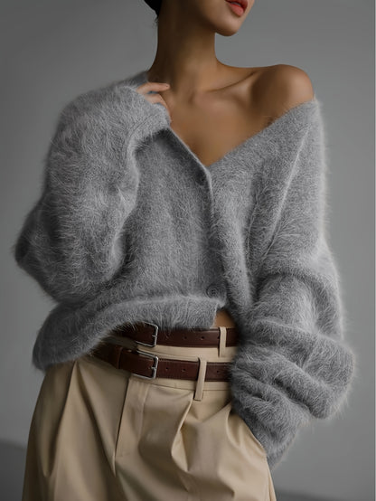 Sweater Women Oversized Off-Shoulder Fuzzy Button Design