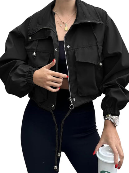Jacket Women Cropped Utility Bomber Jacket with Pockets