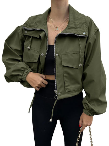 Jacket Women Cropped Utility Bomber Jacket with Pockets